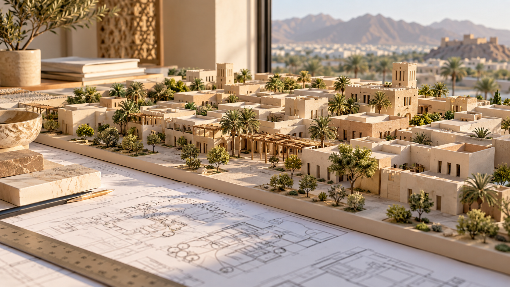 Architectural neighbourhood model with shaded walkways and trees