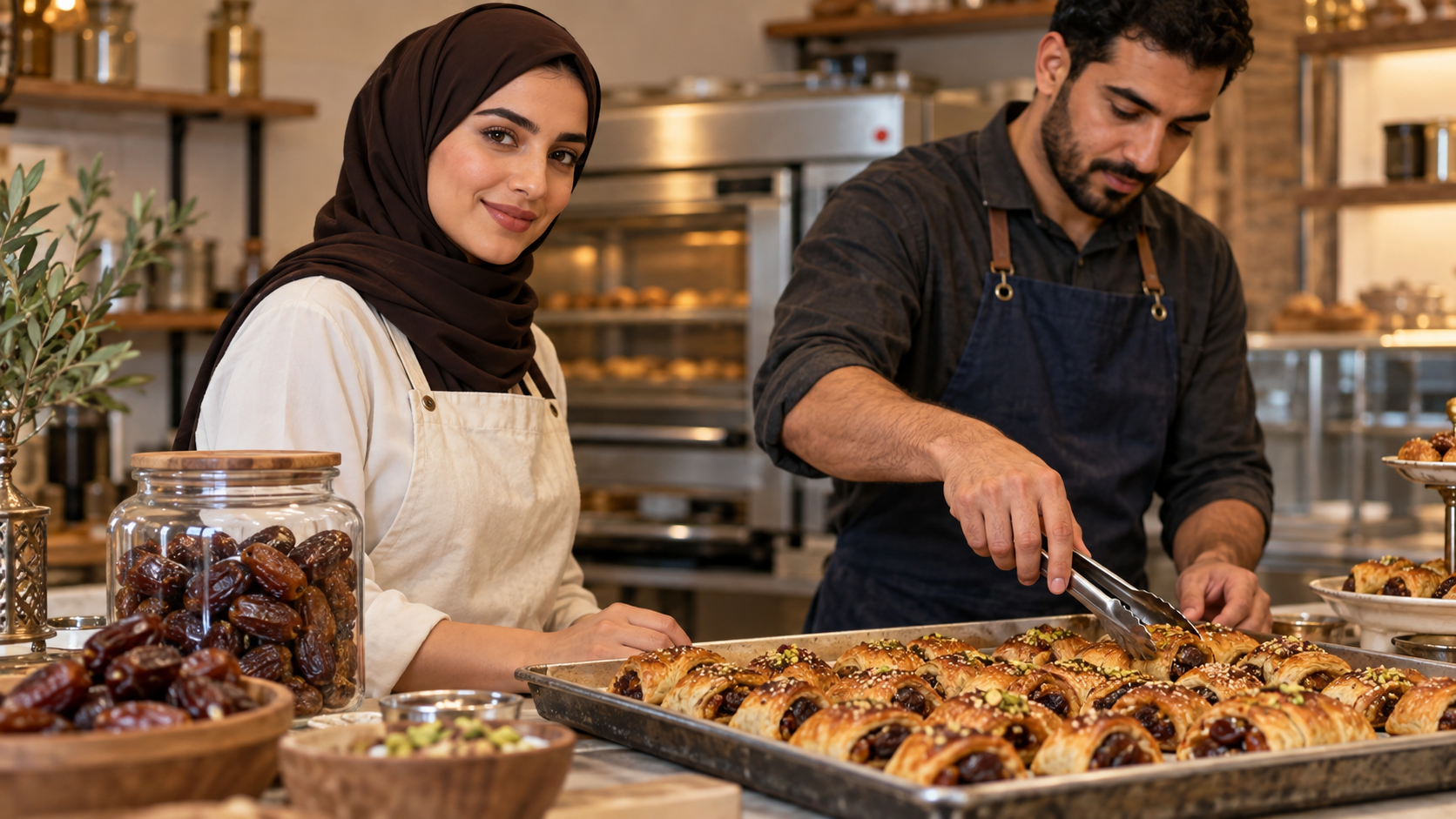 Bakery workers arranging pastries on a counter