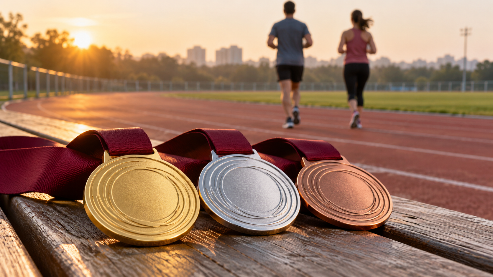 Gold, silver and bronze medals beside a running track