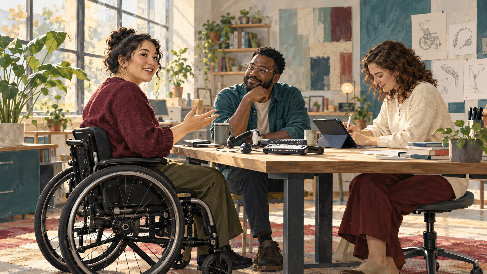 Editorial illustration of an inclusive assistive-technology workspace