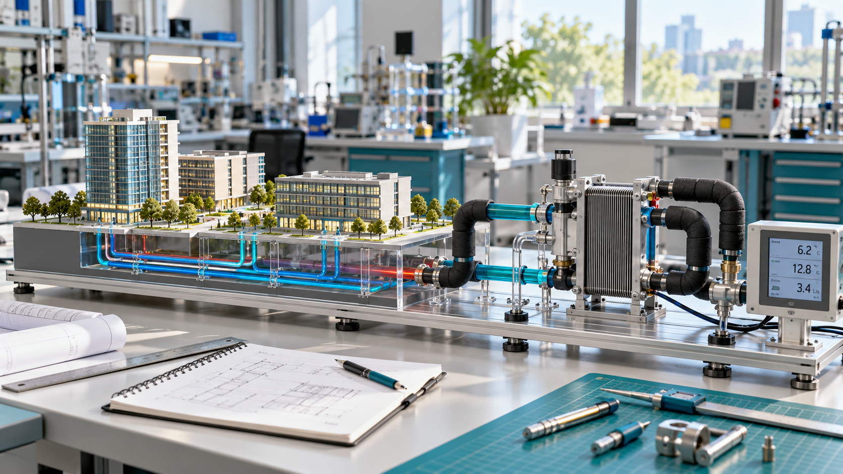 Cooling-system demonstration model and drafting tools on an engineering workbench