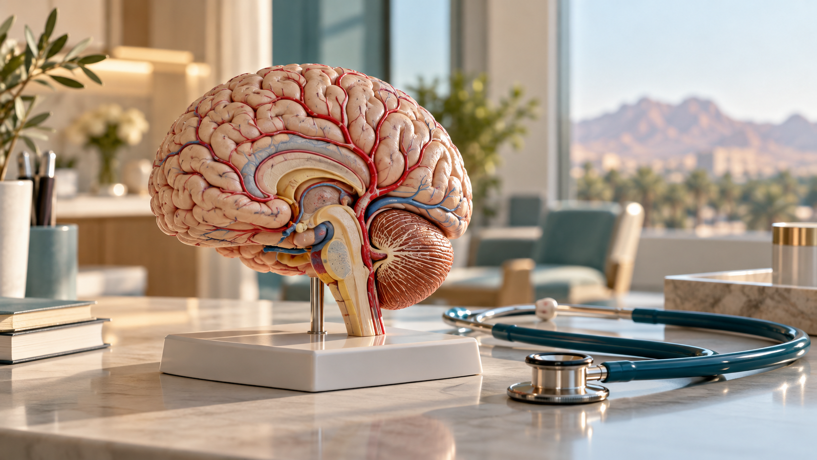 Illustrative brain teaching model and stethoscope representing specialist stroke care