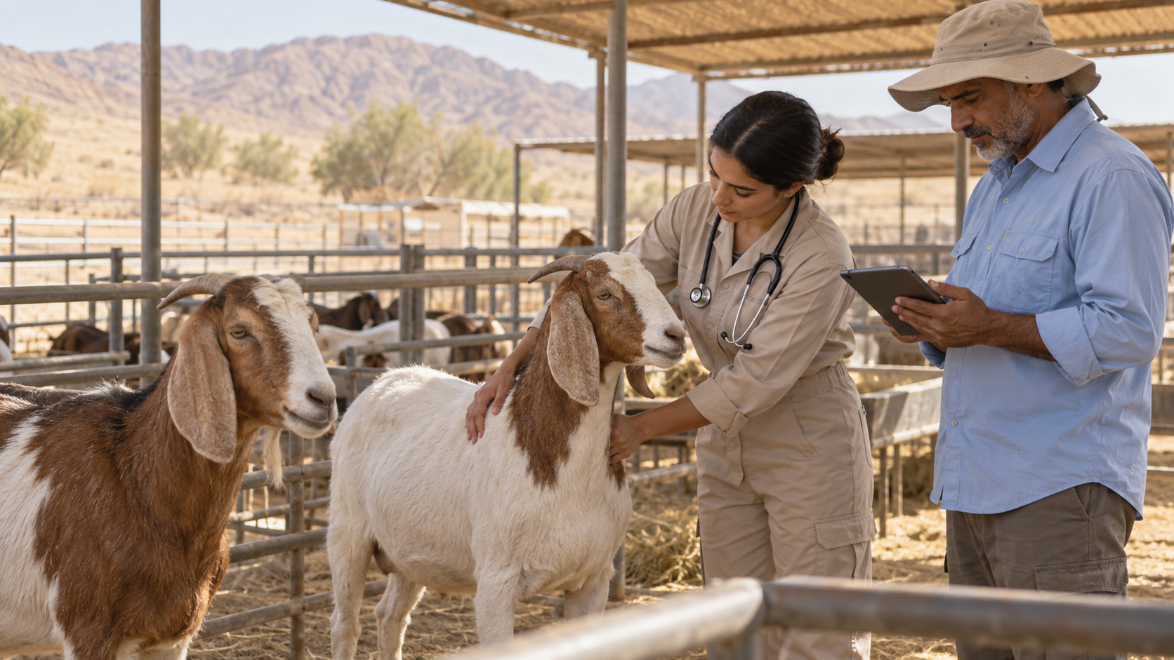 Two adults caring for goats in a shaded farm enclosure