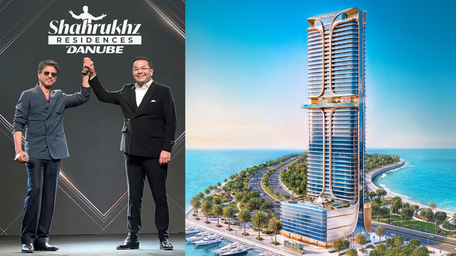 Supplied Danube promotional image showing Shah Rukh Khan and Rizwan Sajan beside a rendering of Shahrukhz Residences