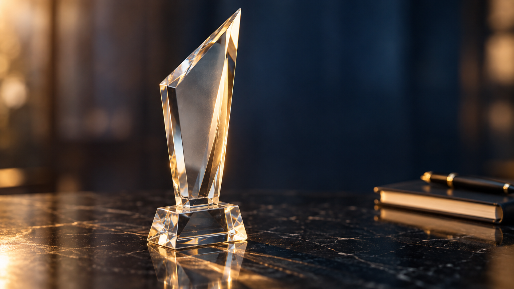 Clear crystal award beside a notebook on a dark stone surface