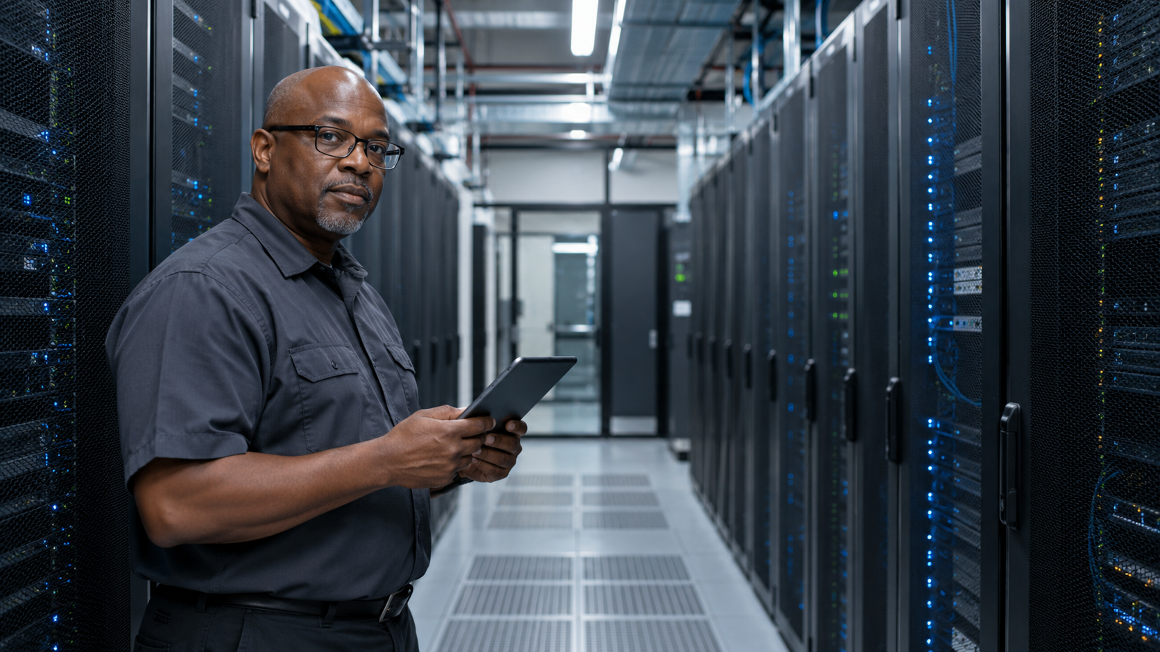 A technician holding a tablet between rows of server racks