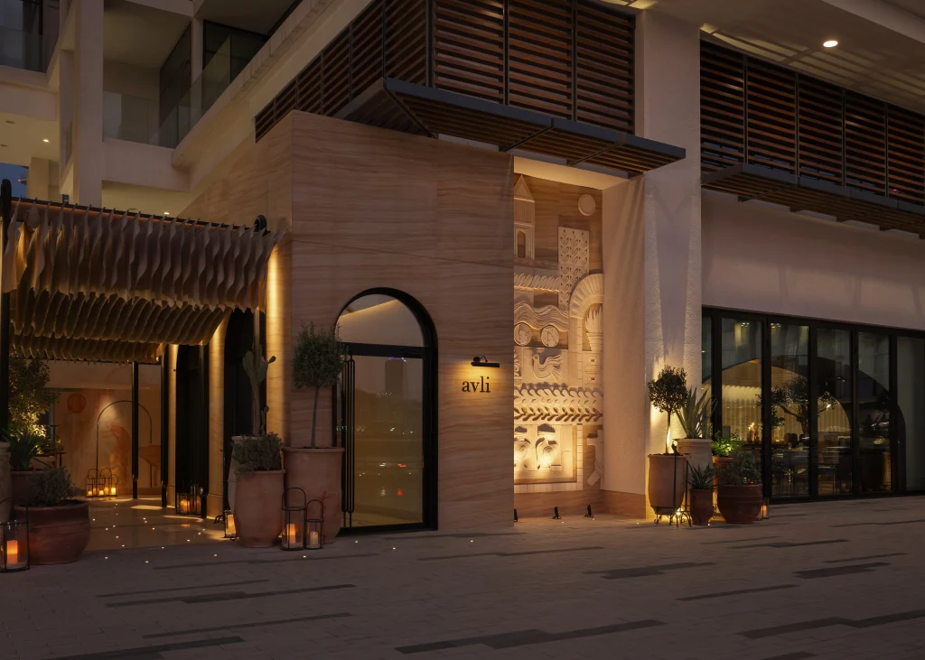 Entrance to Avli by tashas Bahrain photographed after dark