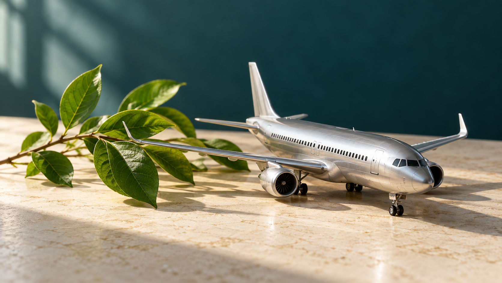 Silver model passenger airplane beside green leaves on a stone tabletop