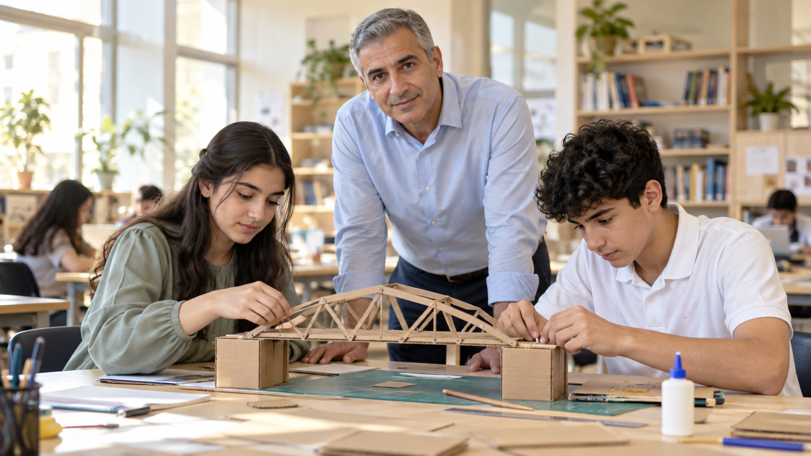 A teacher and students working on a cardboard bridge model