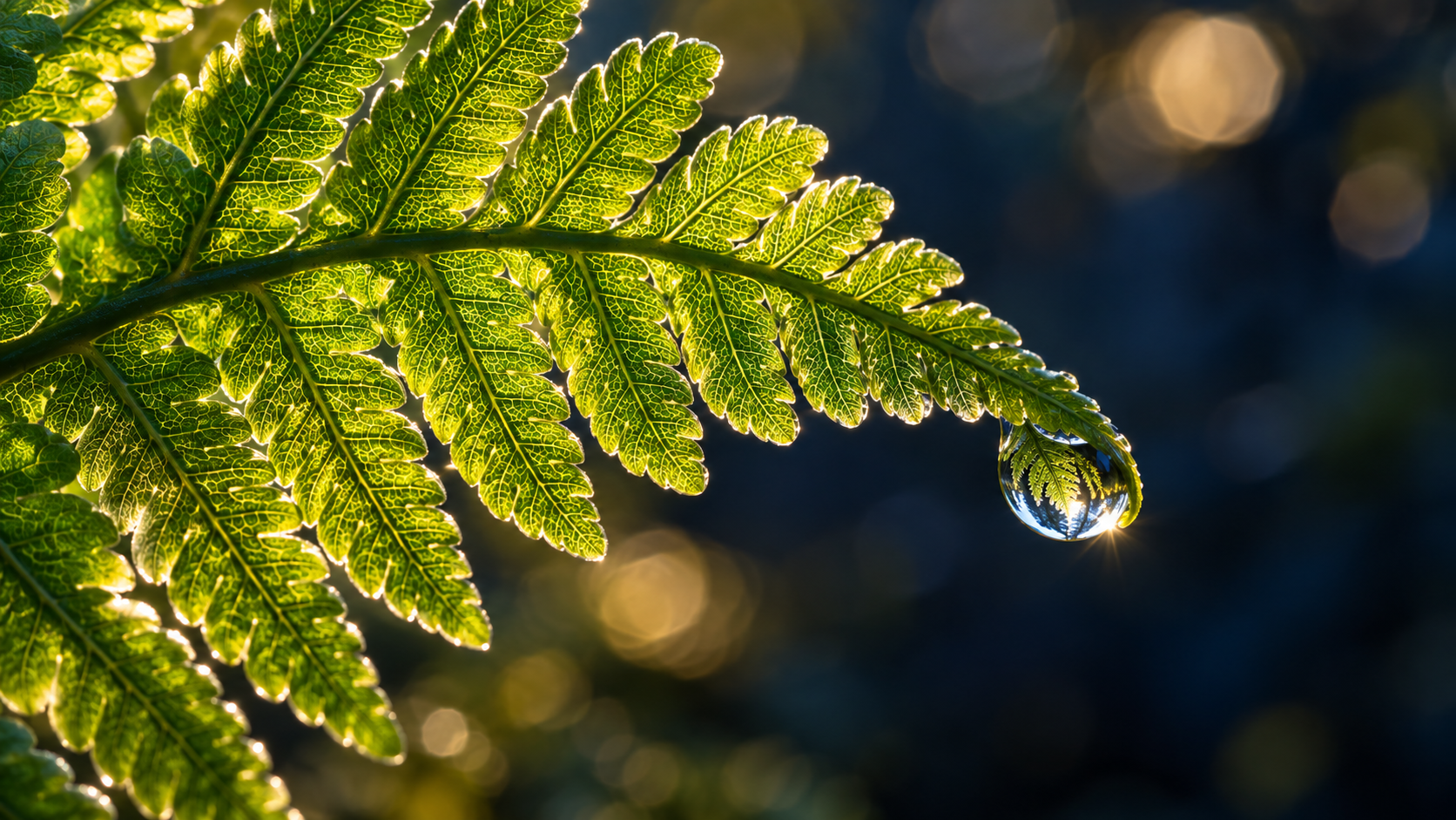 Backlit green fern frond with a clear water droplet against a dark background
