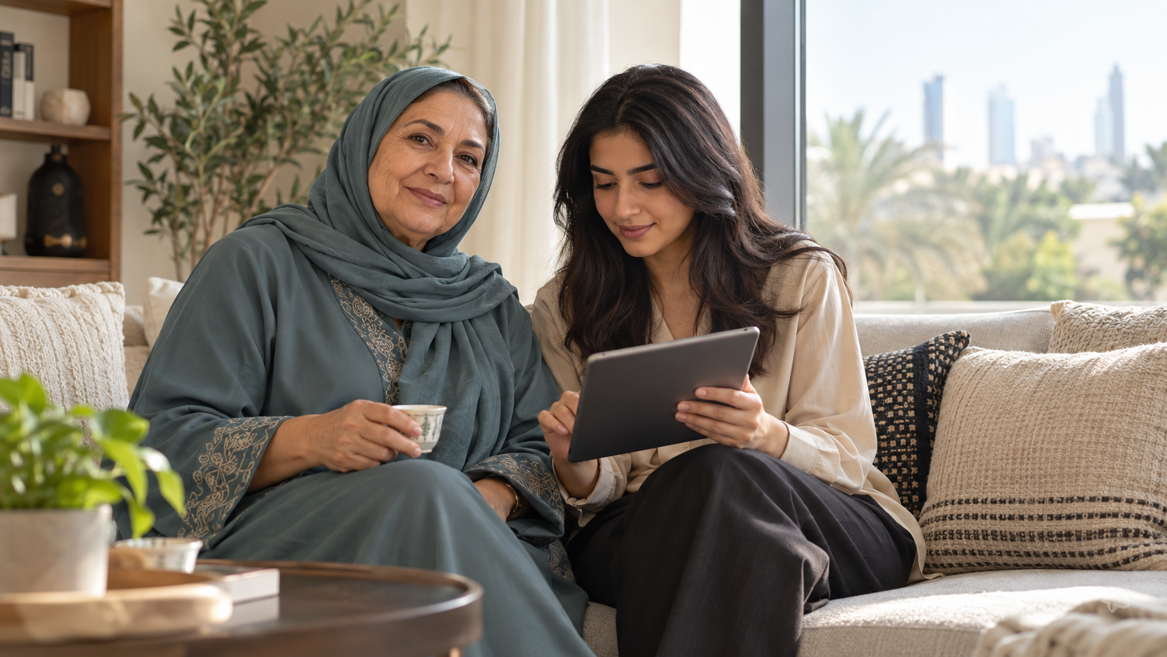 An older woman and a younger woman using a tablet at home