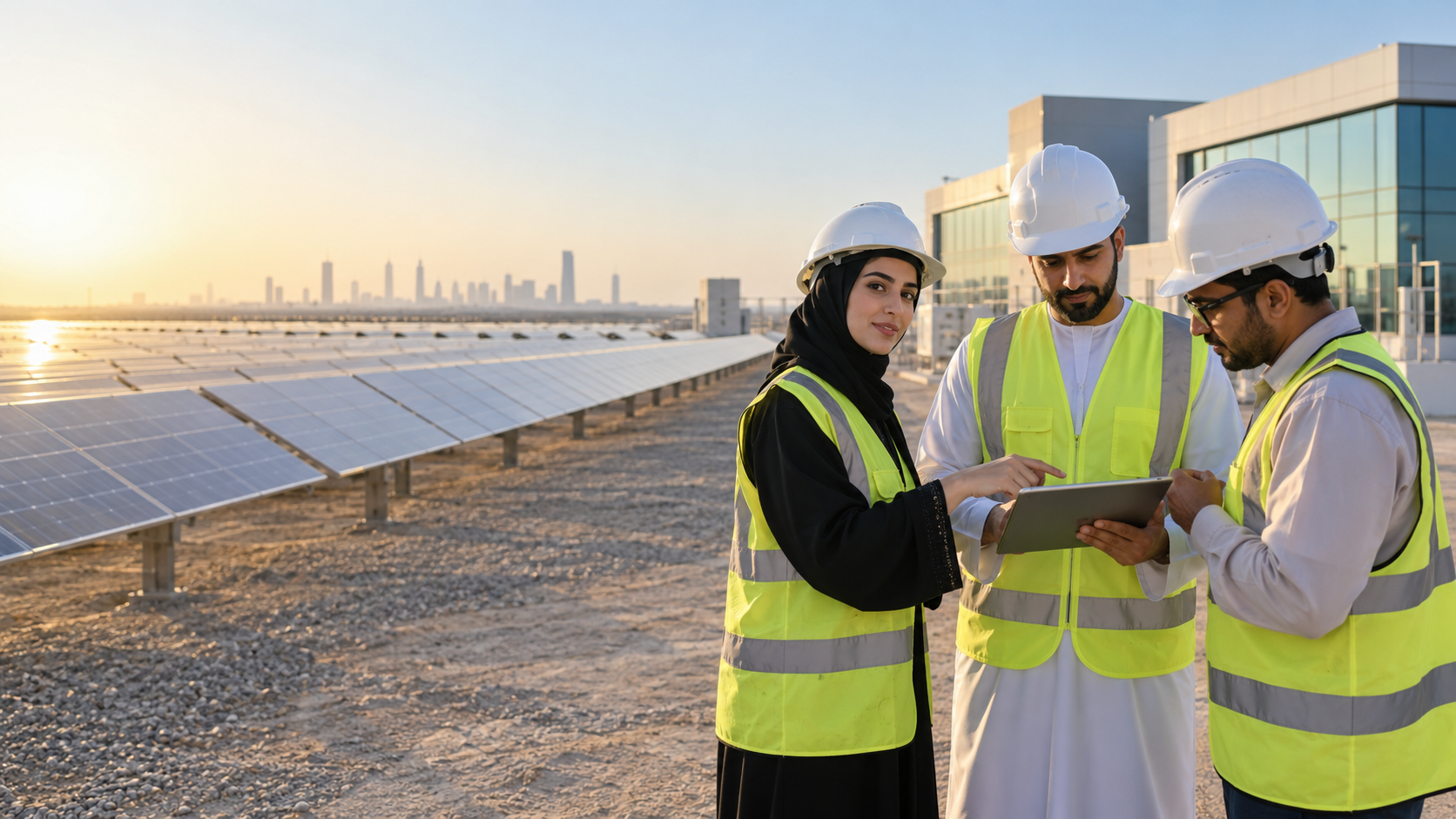 Energy engineers reviewing solar operations in Abu Dhabi