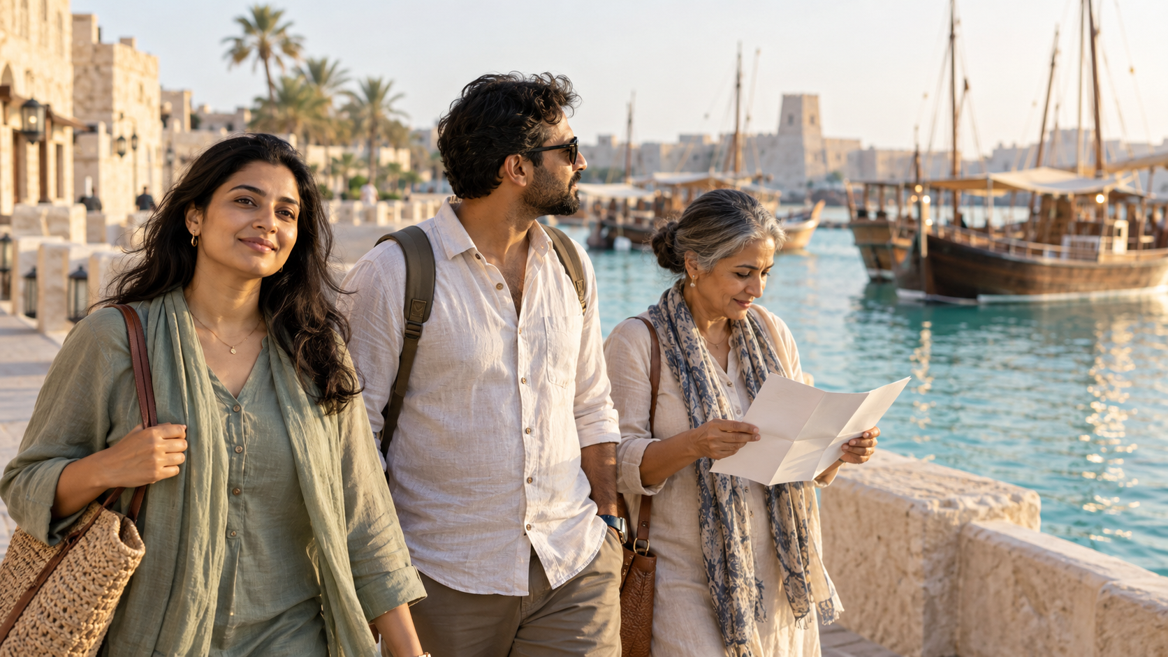 Travellers beside wooden boats on a waterfront promenade