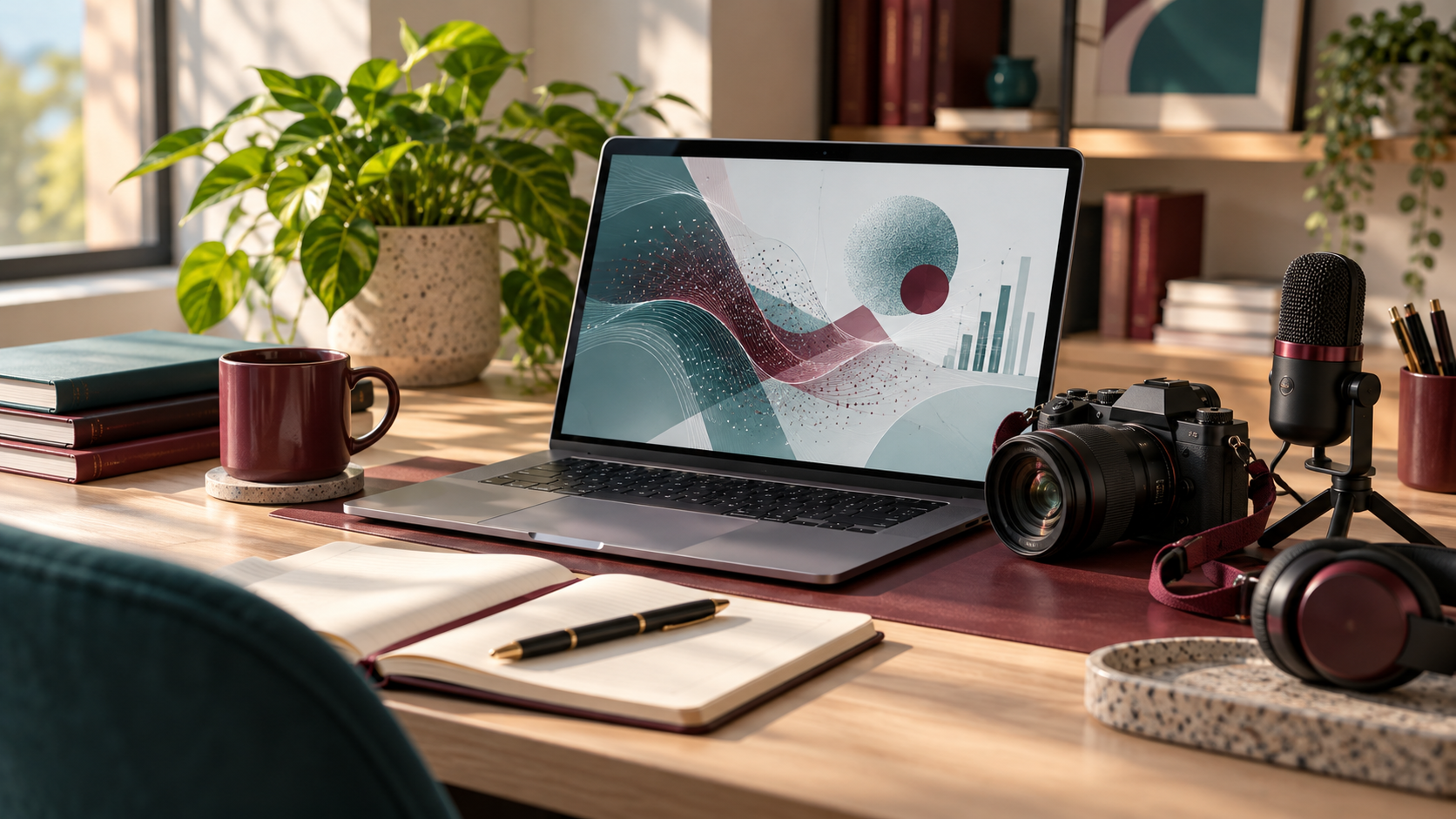 Illustrative laptop, camera and microphone representing artificial intelligence and digital media study