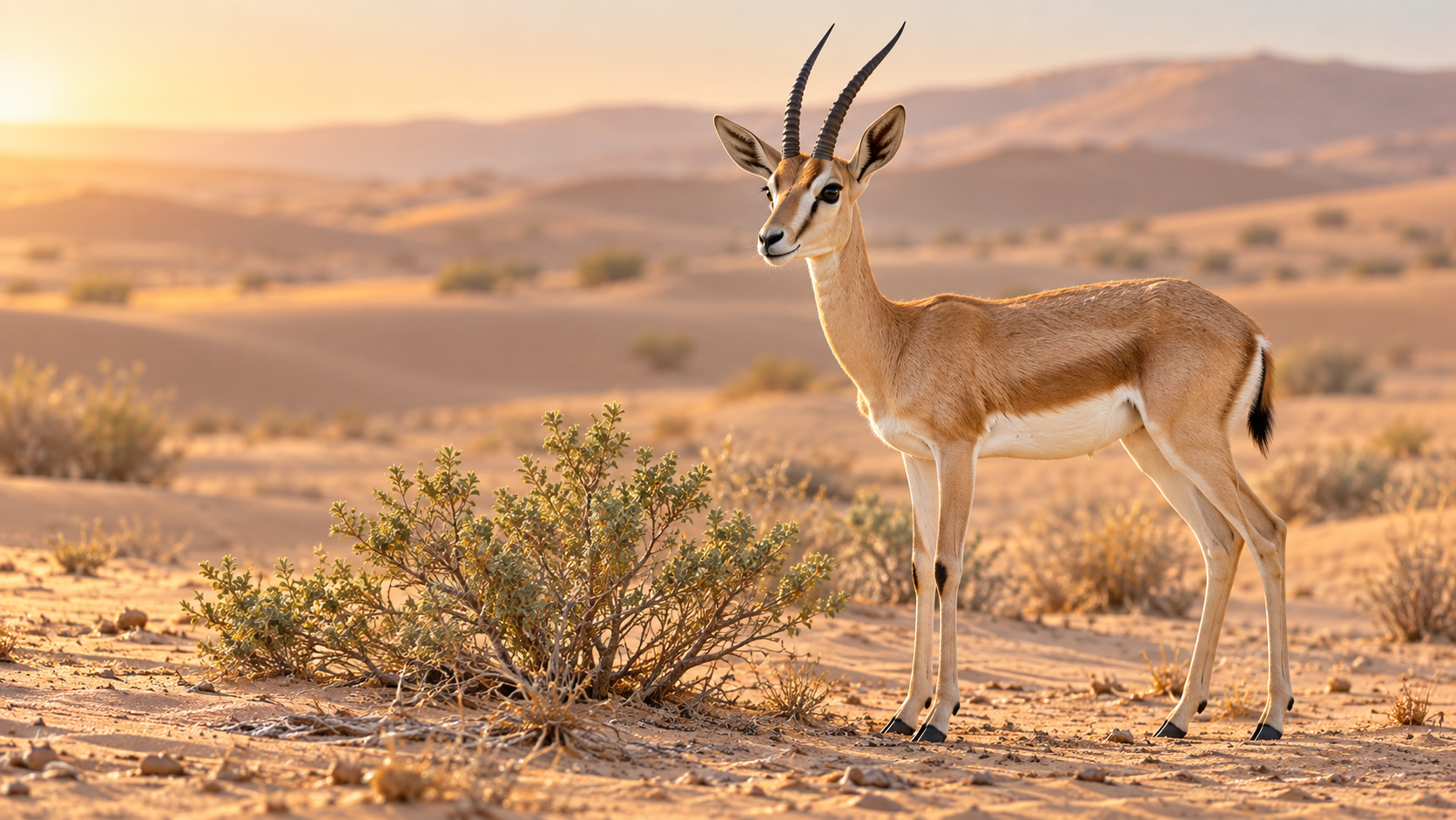 Sand gazelle standing beside a desert shrub in warm morning light