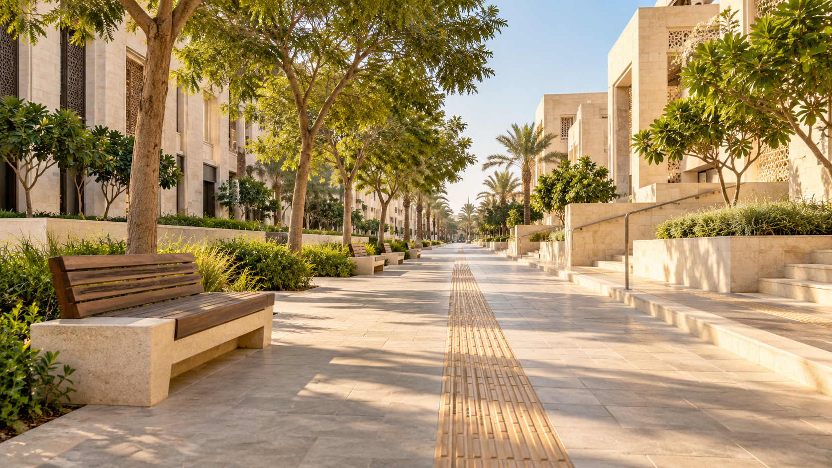 Shaded pedestrian walkway with tactile guidance paving and benches