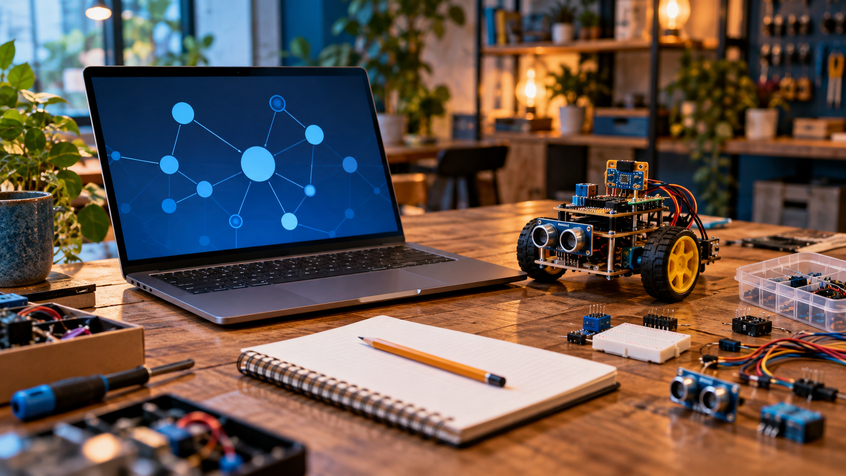 Laptop, educational robot and electronics on a workshop table