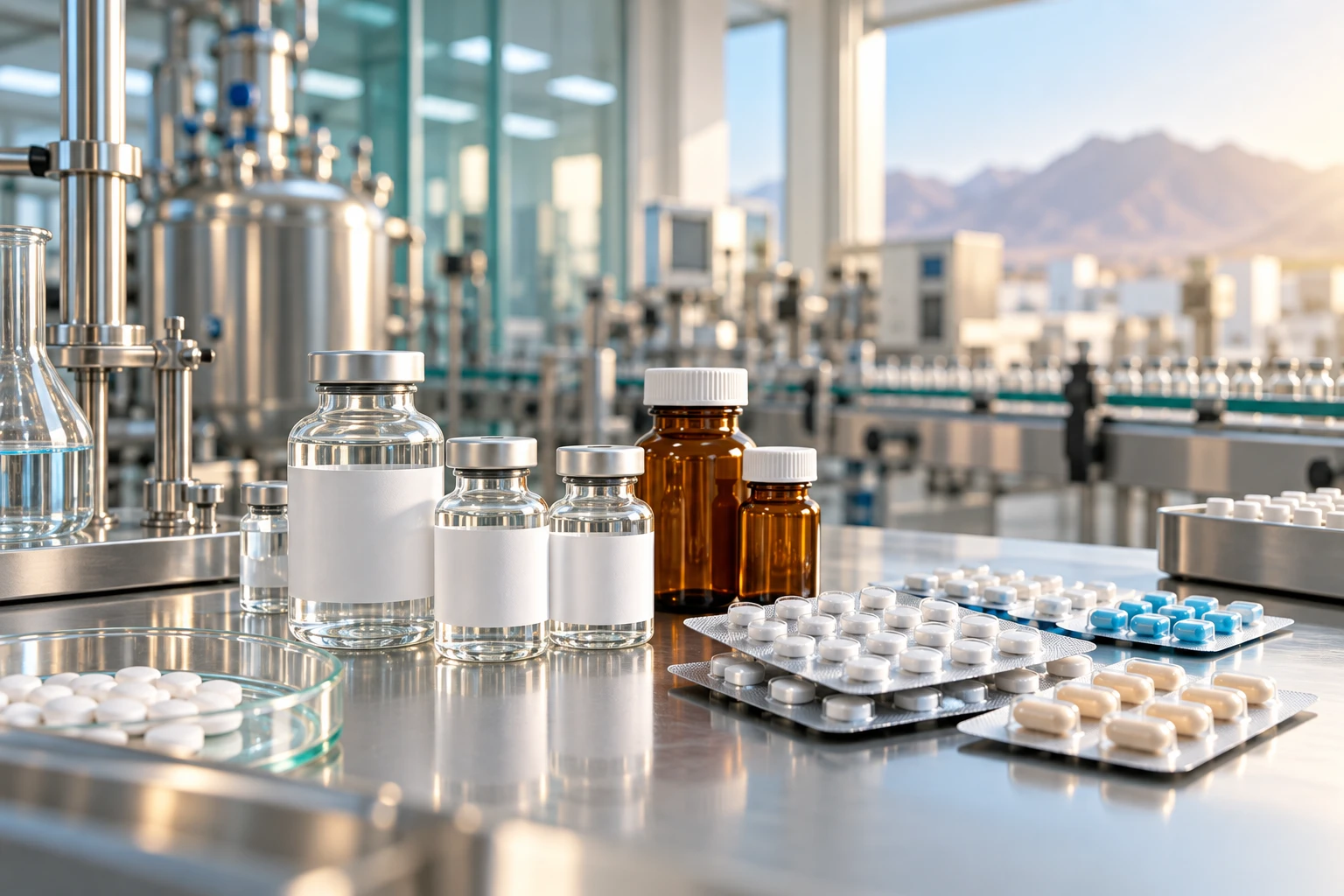 Editorial illustration of unbranded medicines and laboratory equipment