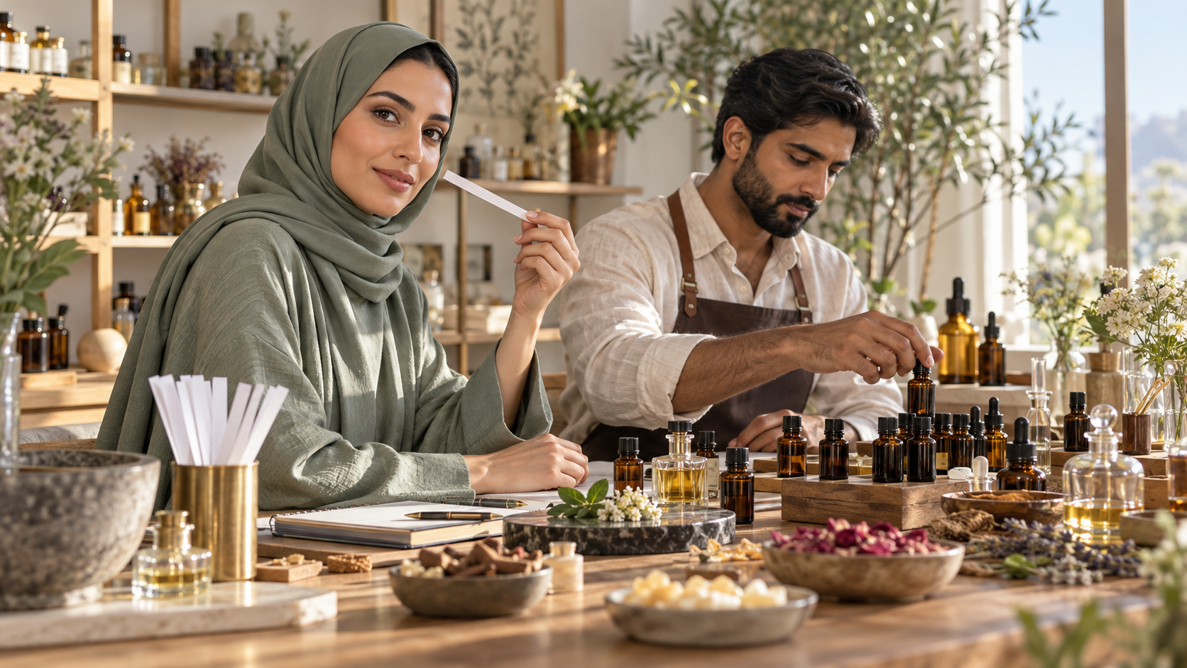Two adults testing fragrances at a perfume studio workbench