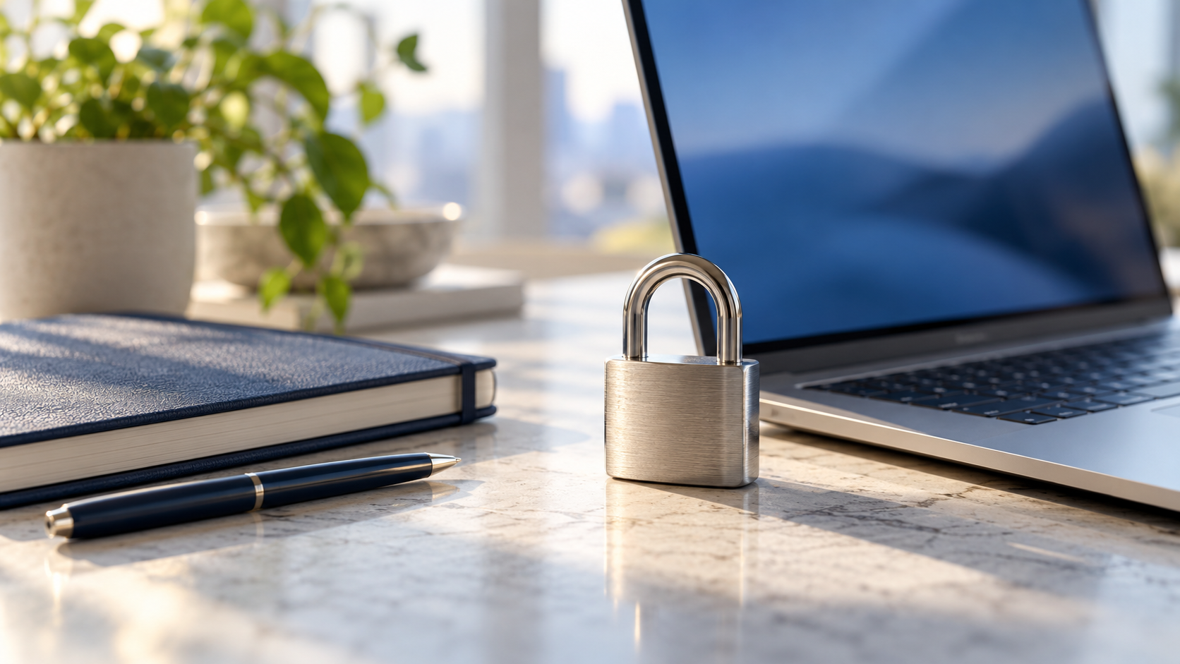Steel padlock beside a laptop and navy notebook on a sunlit desk
