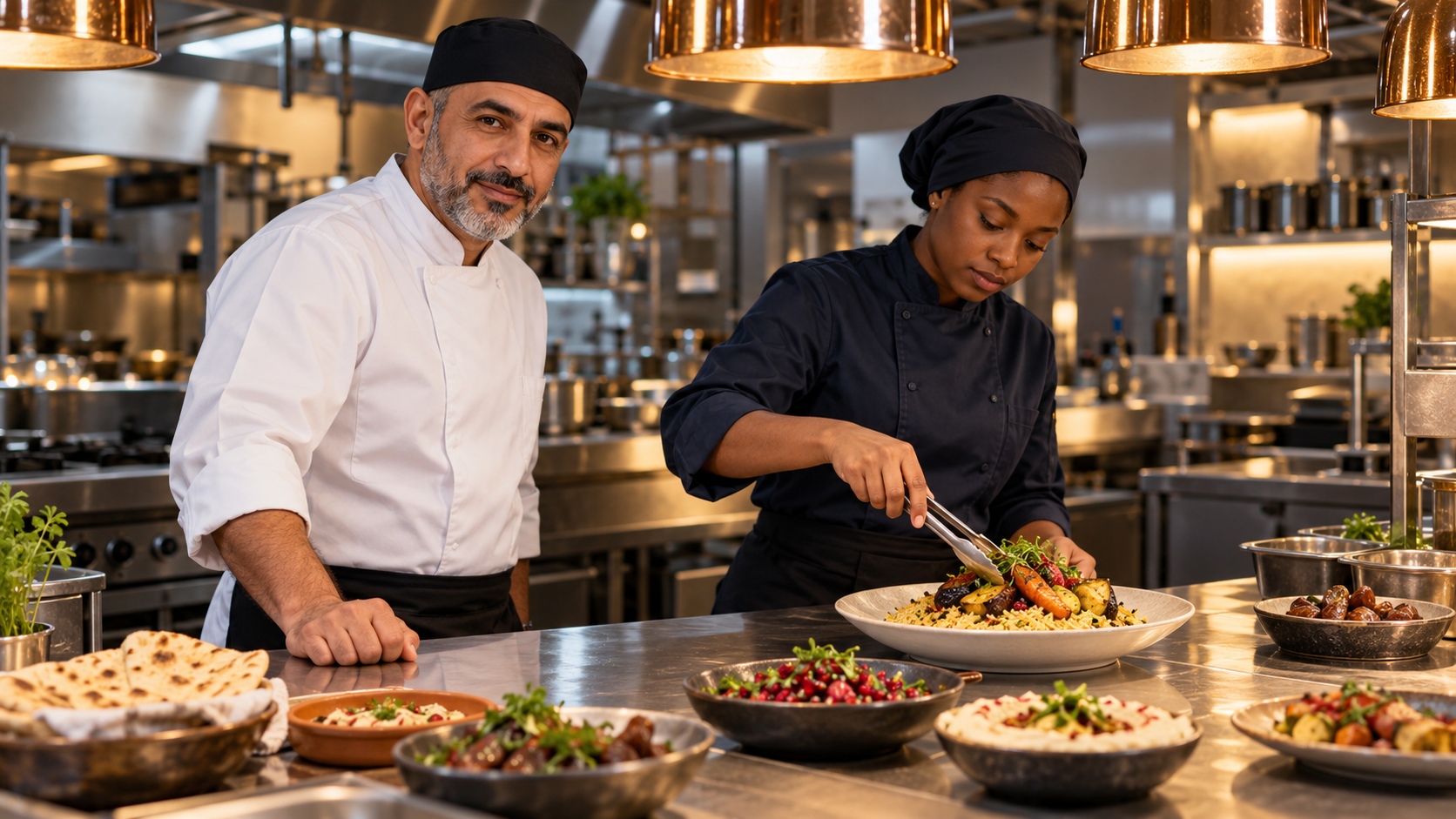 Two chefs preparing dishes in a restaurant kitchen