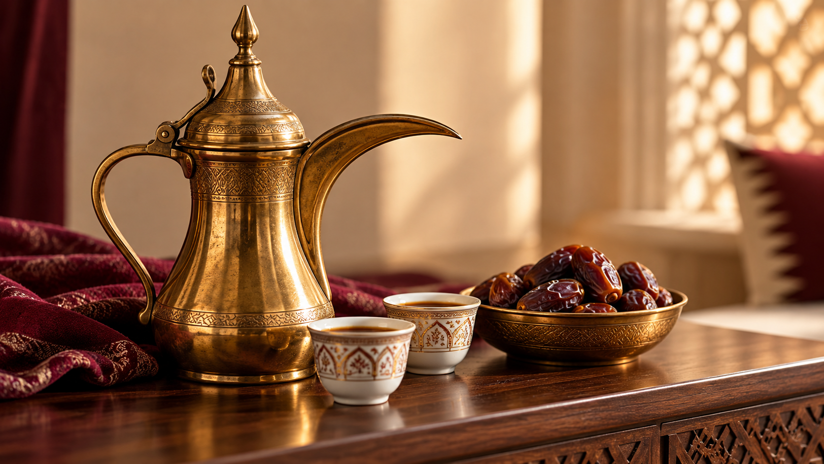 Brass dallah coffee pot with two cups and a bowl of dates on a wooden table