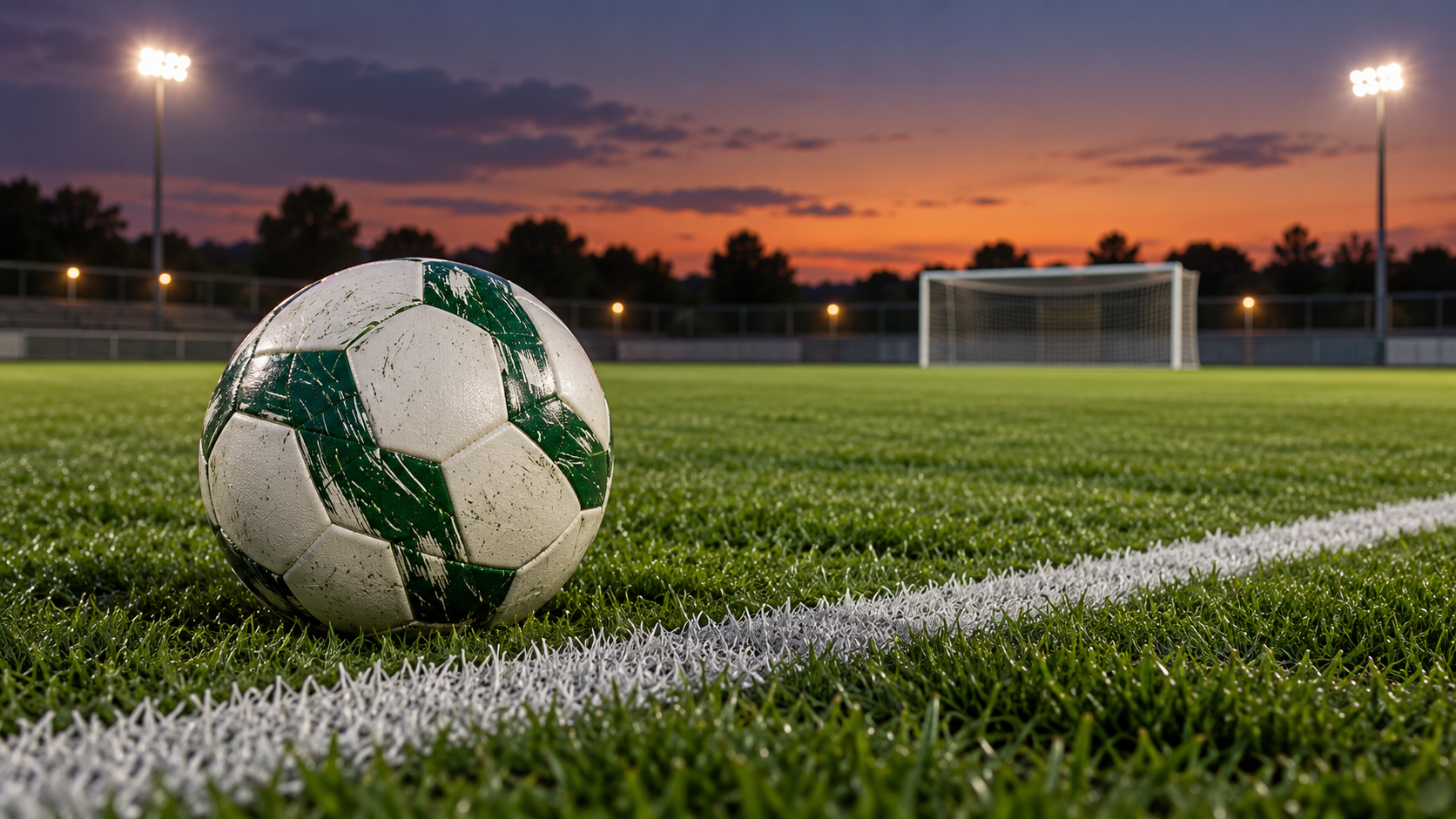 A football beside a white touchline on a floodlit pitch at dusk