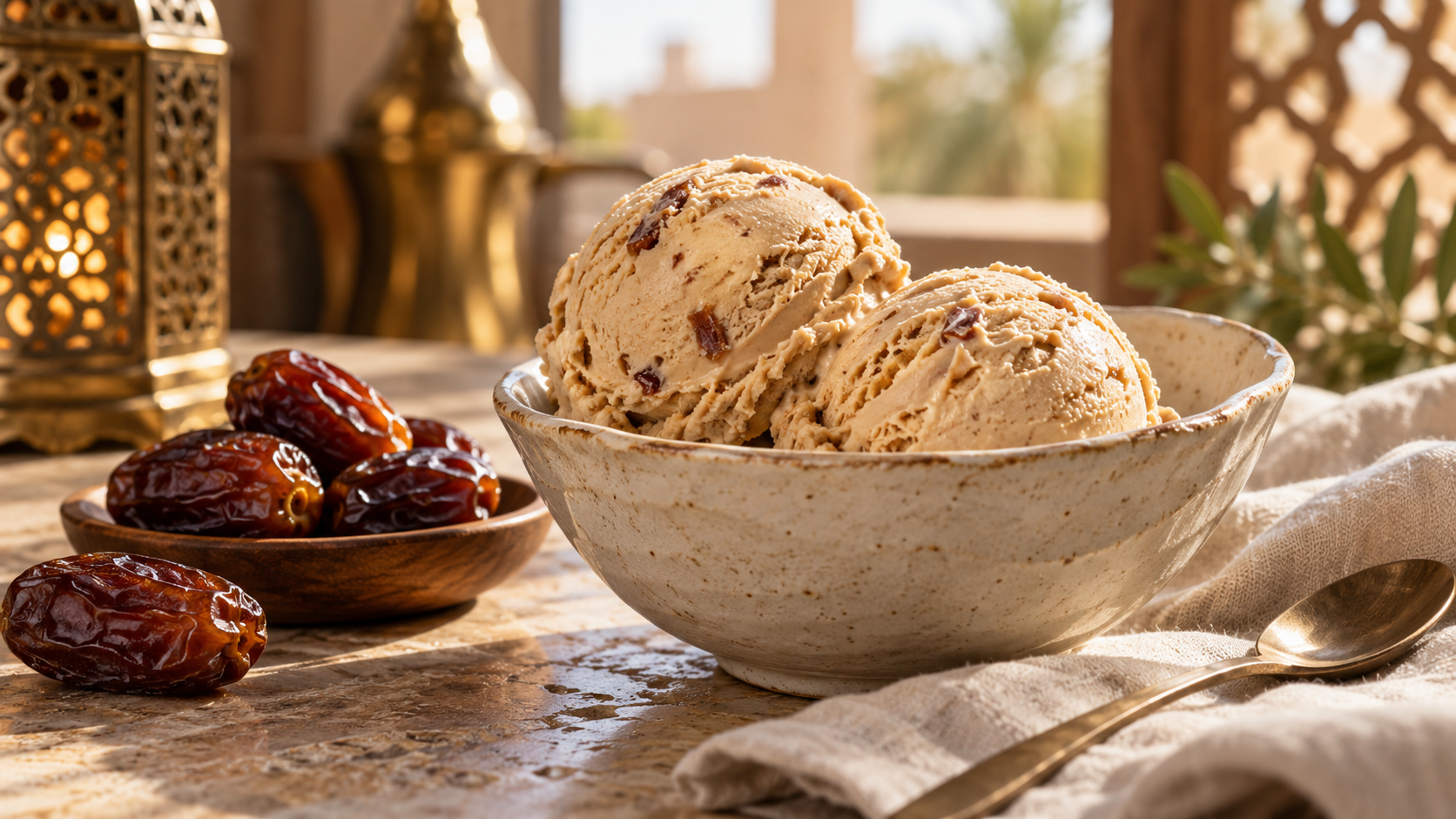Date dessert in a ceramic bowl with dates and a spoon