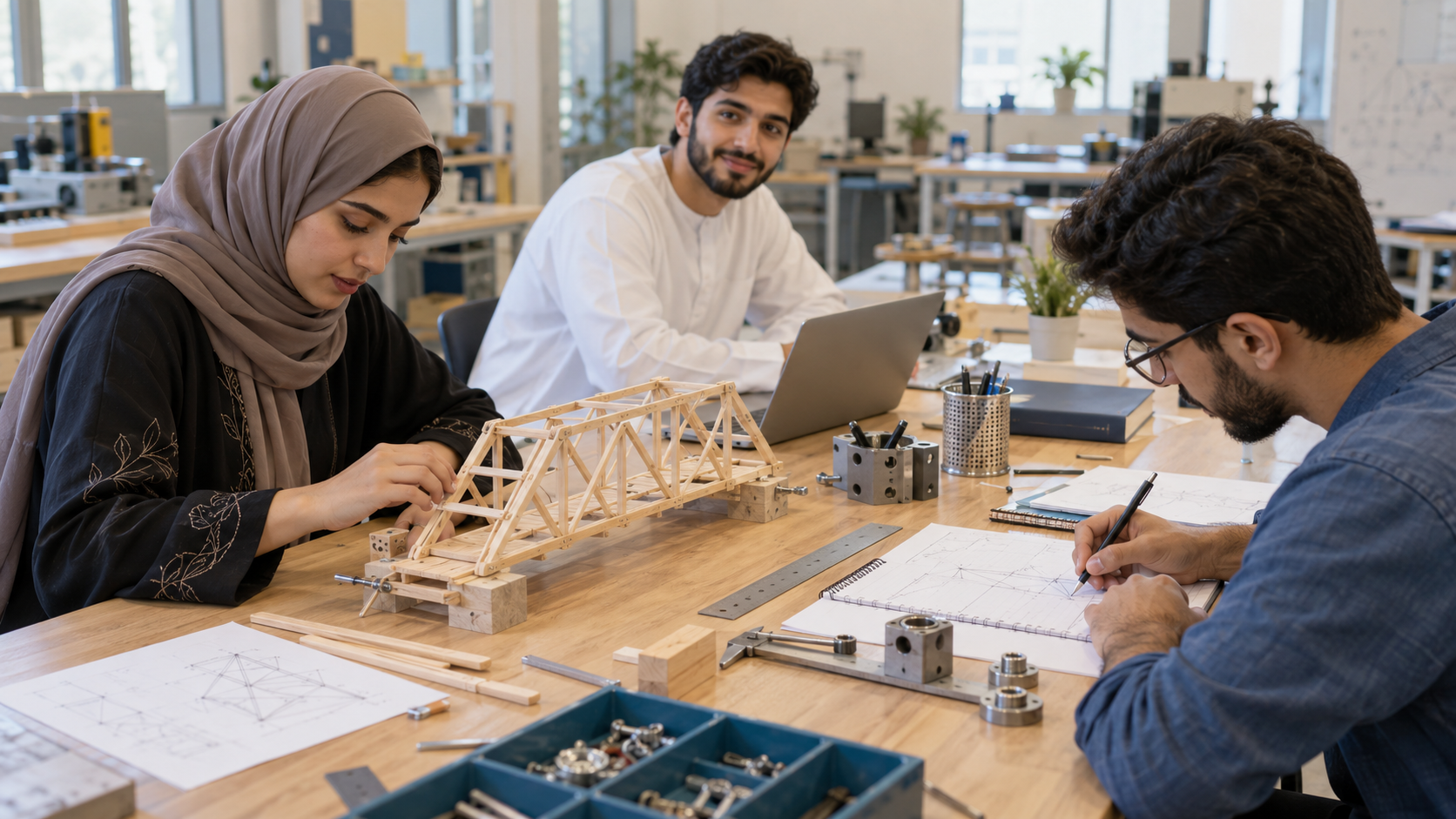 Three adults working with a wooden bridge model and engineering drawings