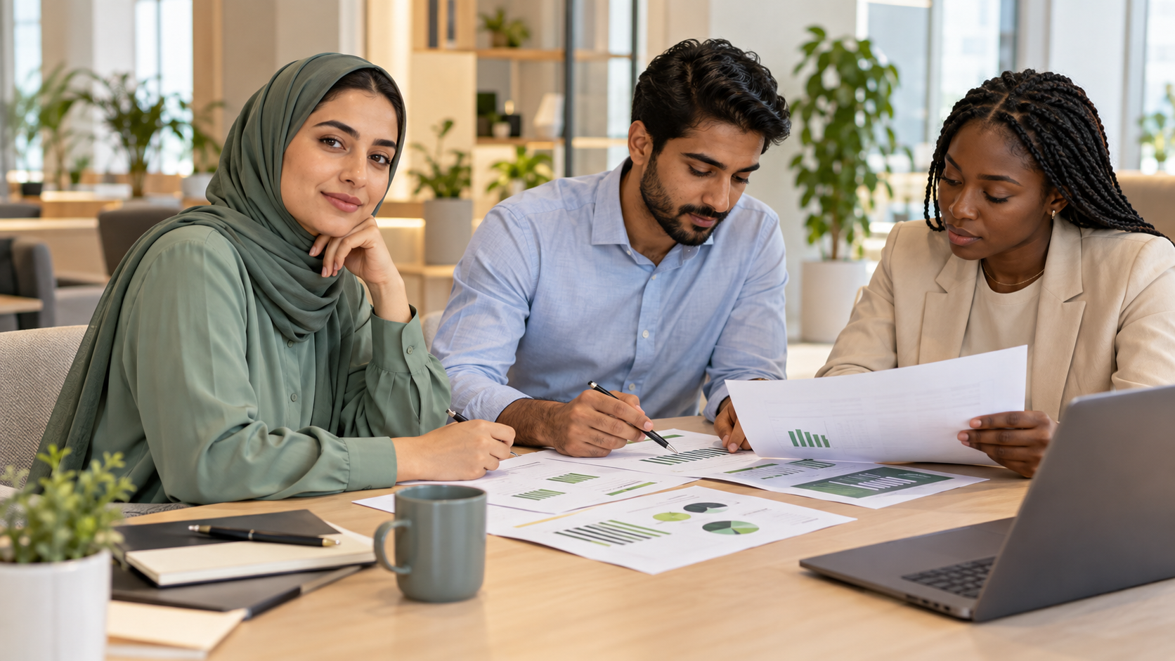 Three colleagues reviewing printed charts at an office table