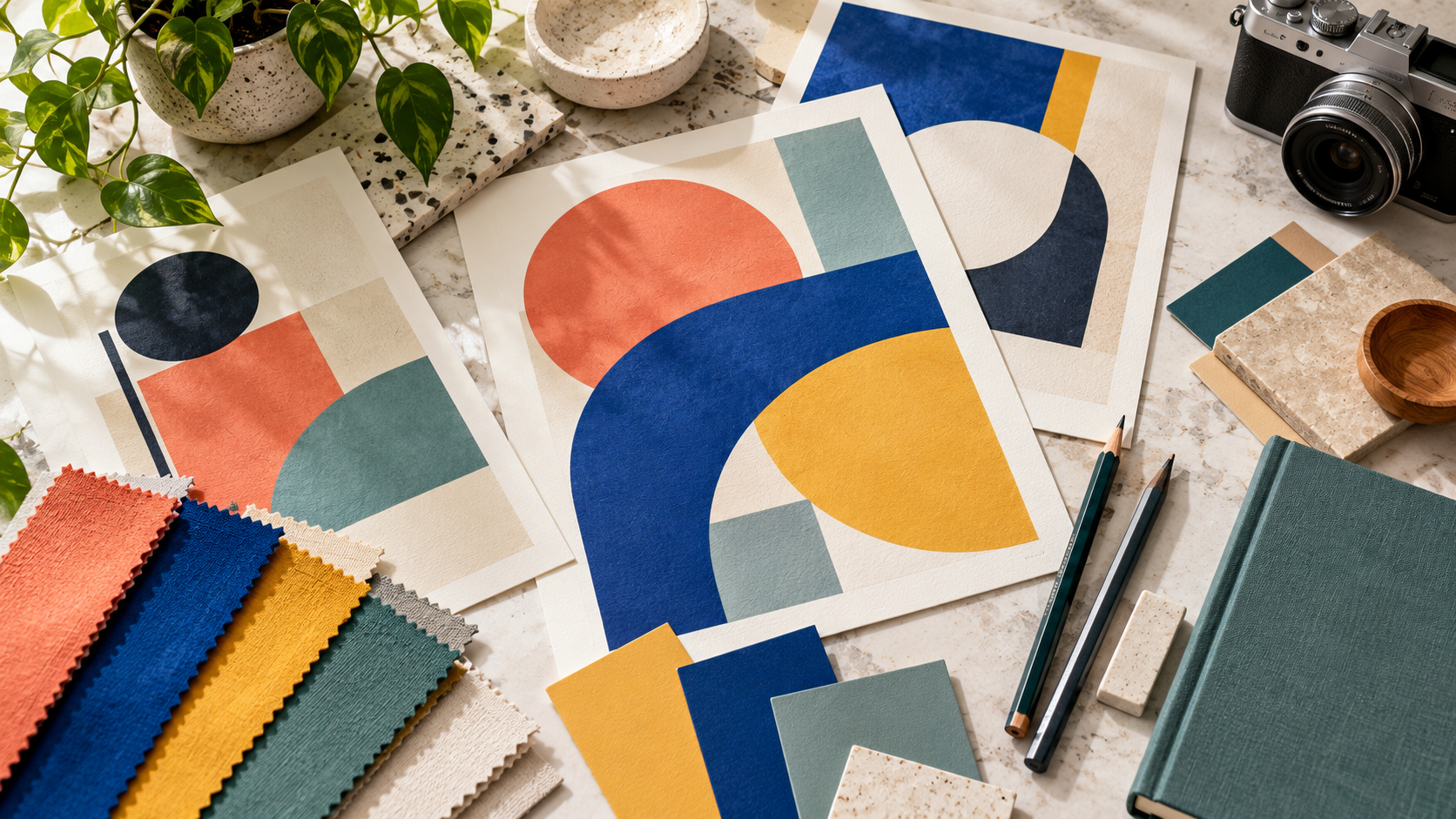 Colour swatches, geometric design studies, pencils and a camera on a creative workbench
