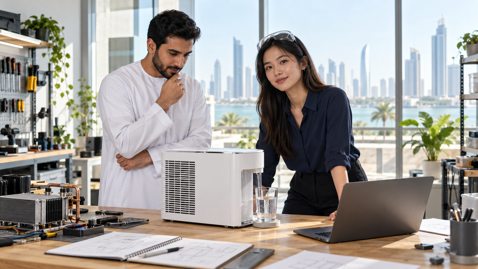 Two people reviewing a compact device in a technology workspace
