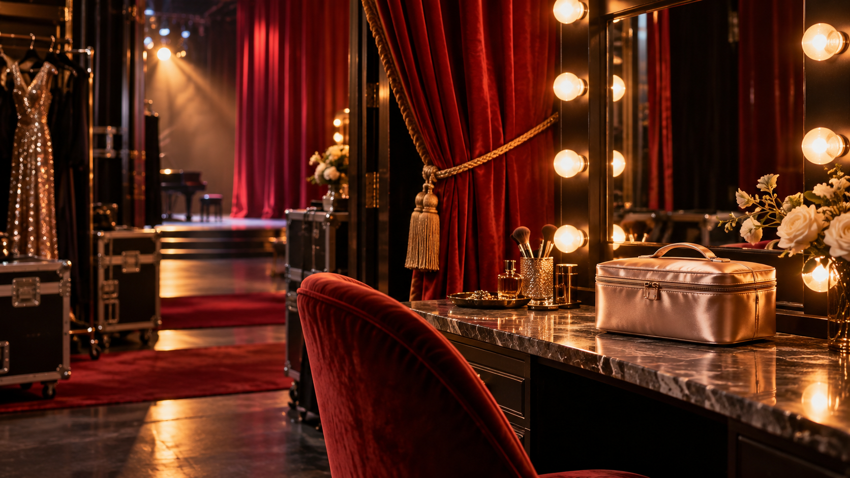 A theatre dressing-room mirror and velvet curtain