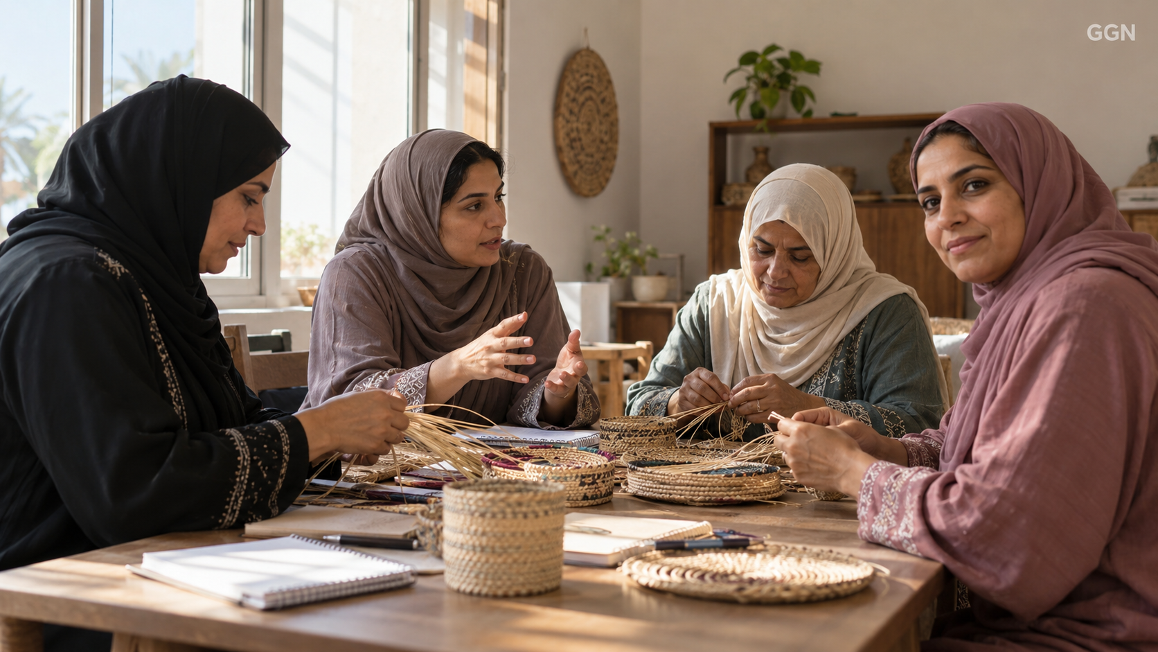 Illustrative community scene of Omani women collaborating in a bright meeting space; not a photograph of the announced programme.