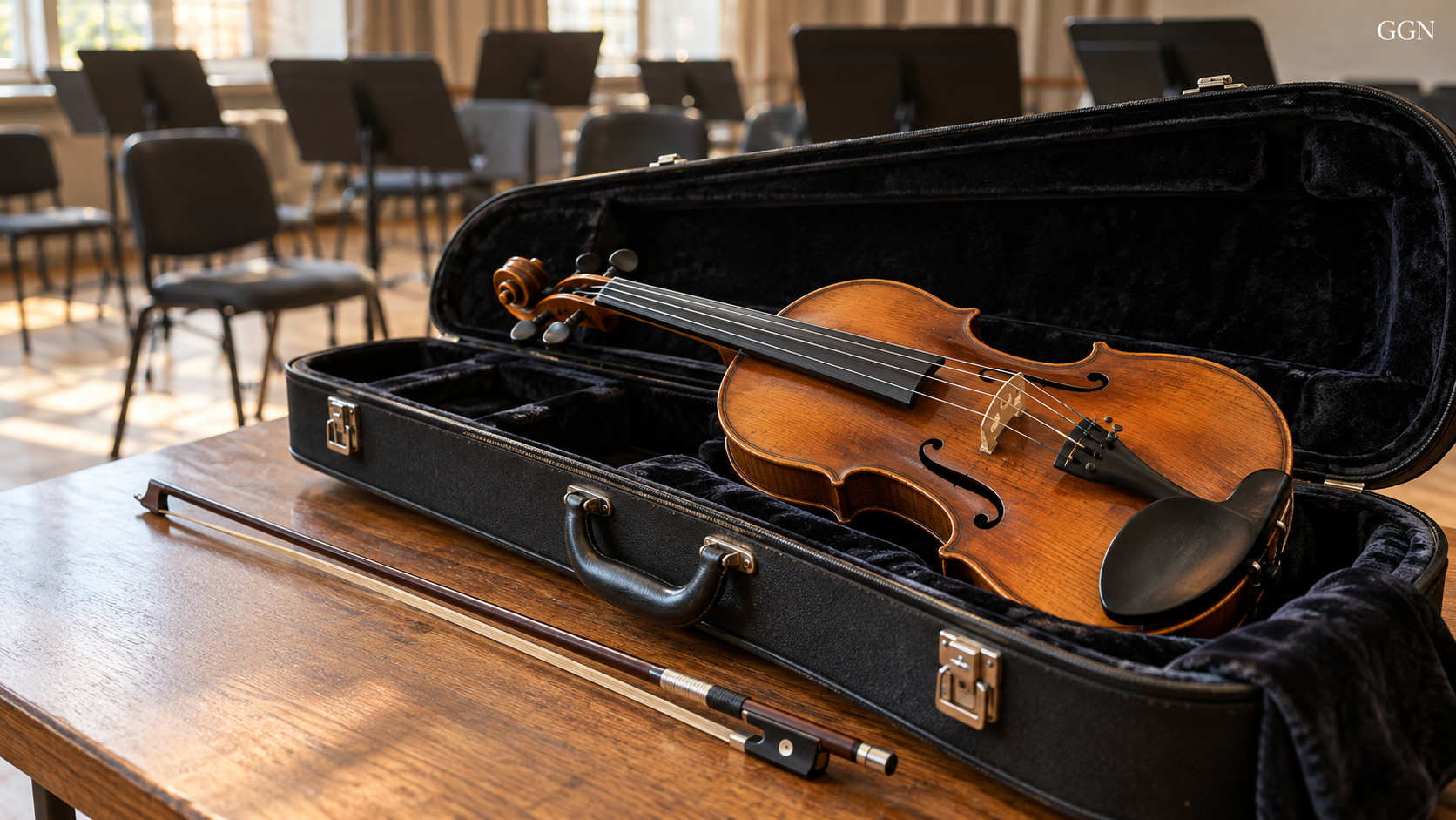 Illustrative classical-music image with a violin in its case; not a photograph of the Bahrain Philharmonic performance.