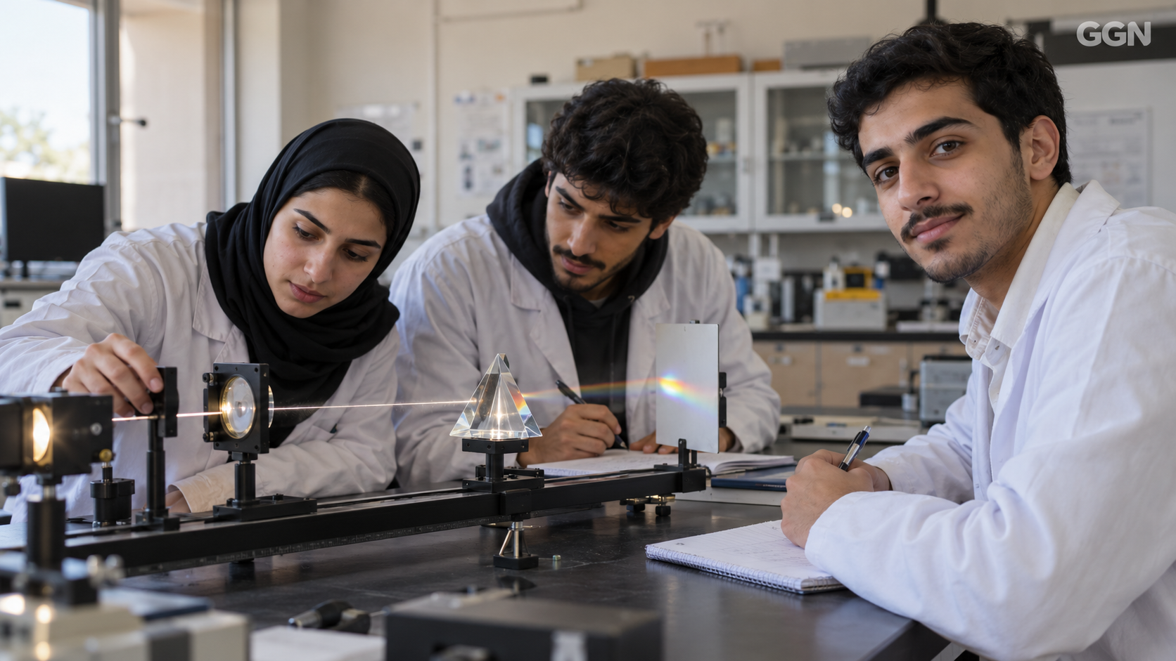 Illustrative students working with physics equipment; not the five Kuwaiti Olympiad participants.