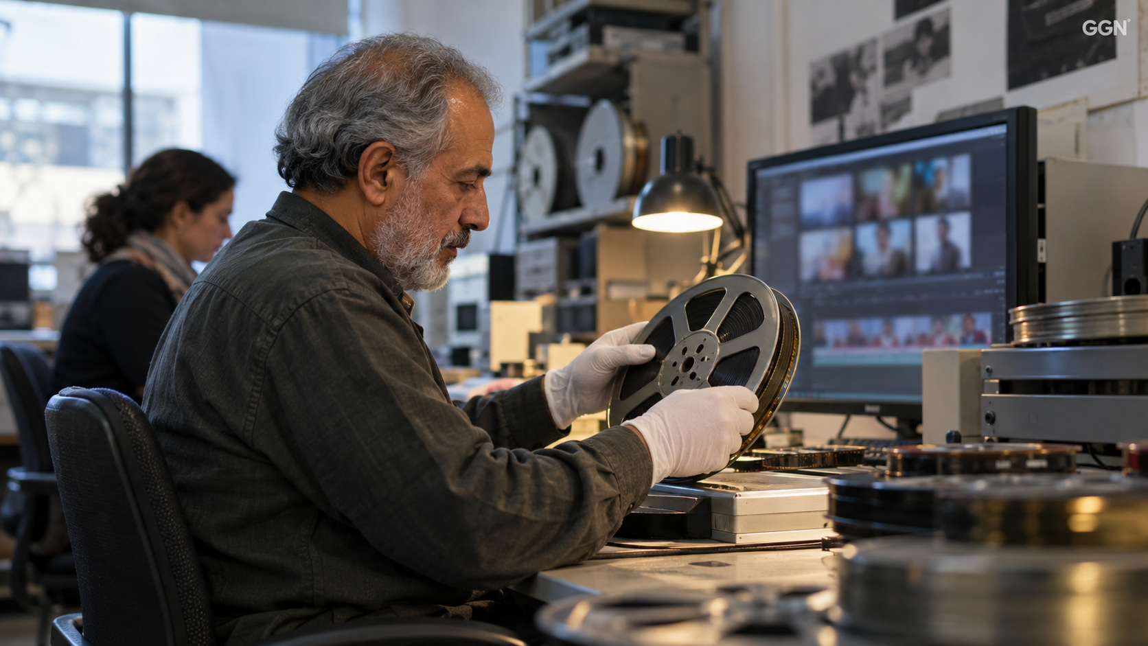 Illustrative television production and archive restoration workspace; not a photograph of Kuwait TV or the ASBU event.