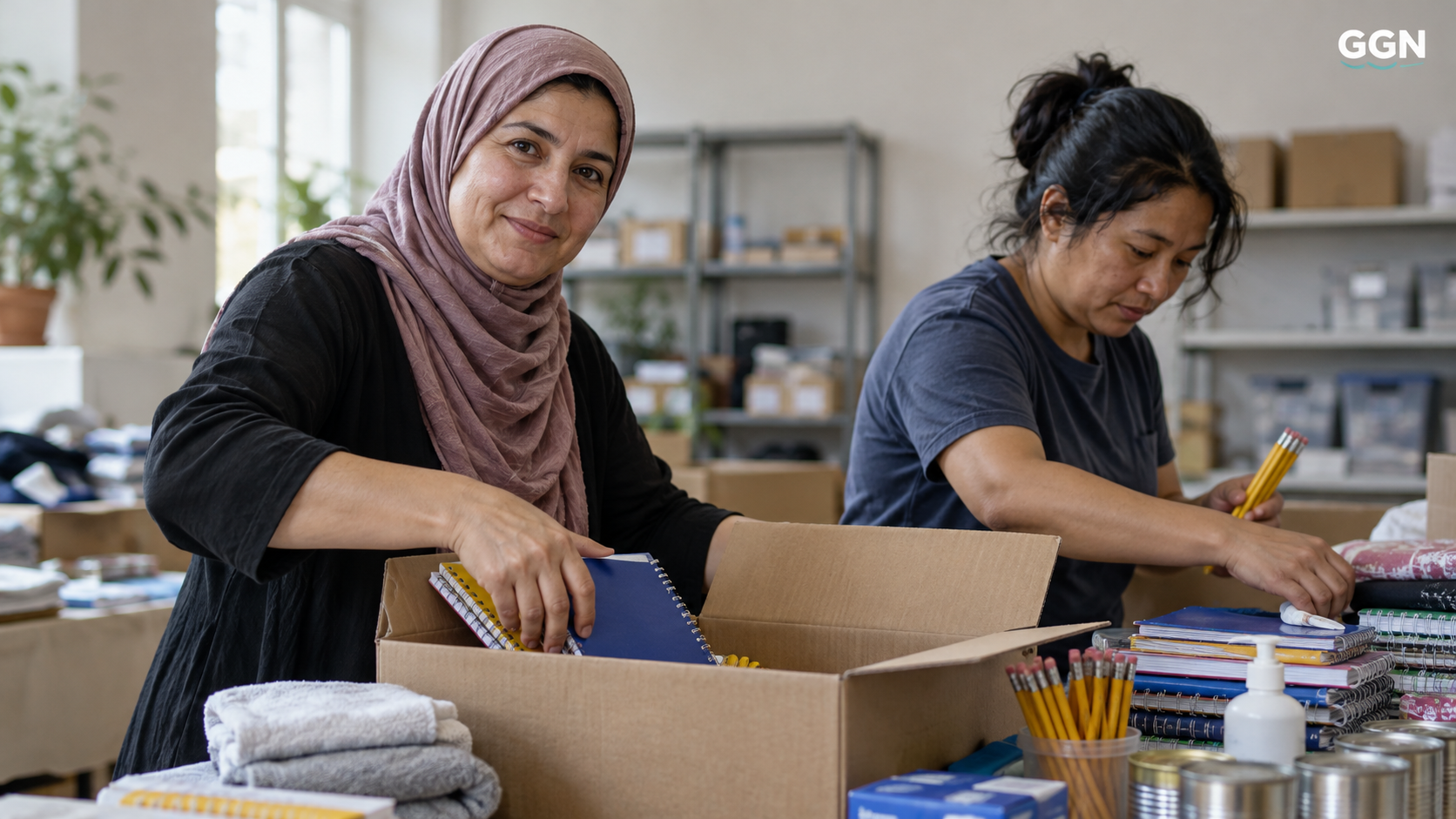 Illustrative community support and charitable assistance scene; not a photograph of the reported aid activities.