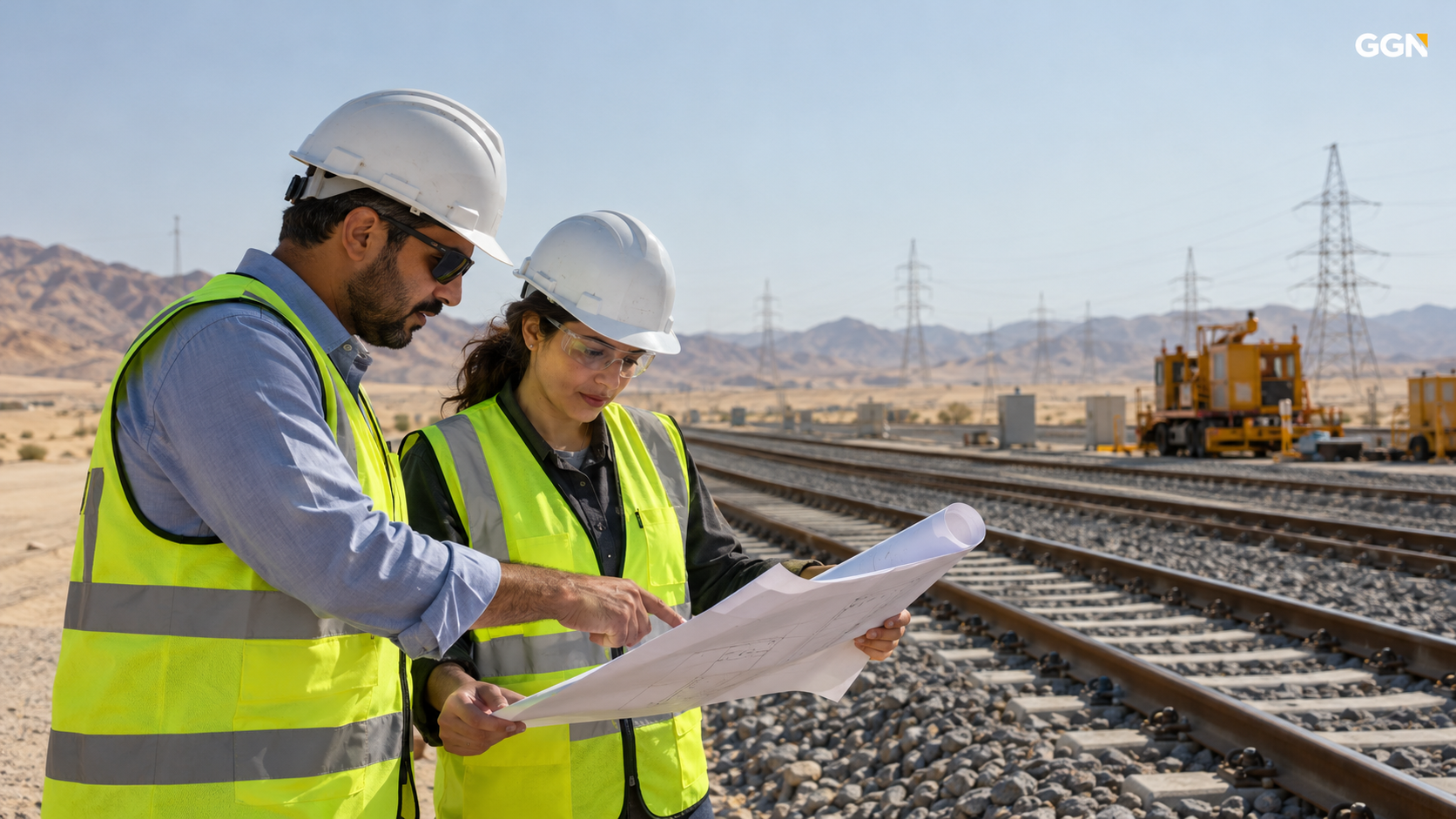 Illustrative infrastructure-planning scene; not an operating cross-border rail service or an actual project site.