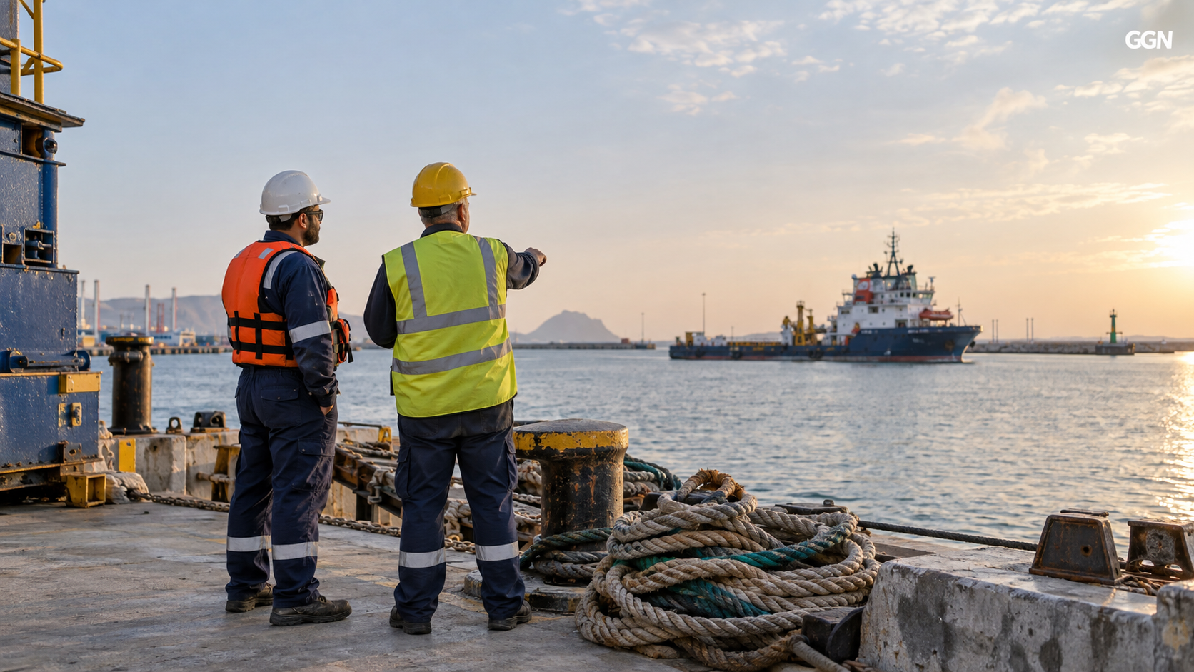 Illustrative marine engineering and dredging scene; not the actual Abu Al Bakhoush dredger.