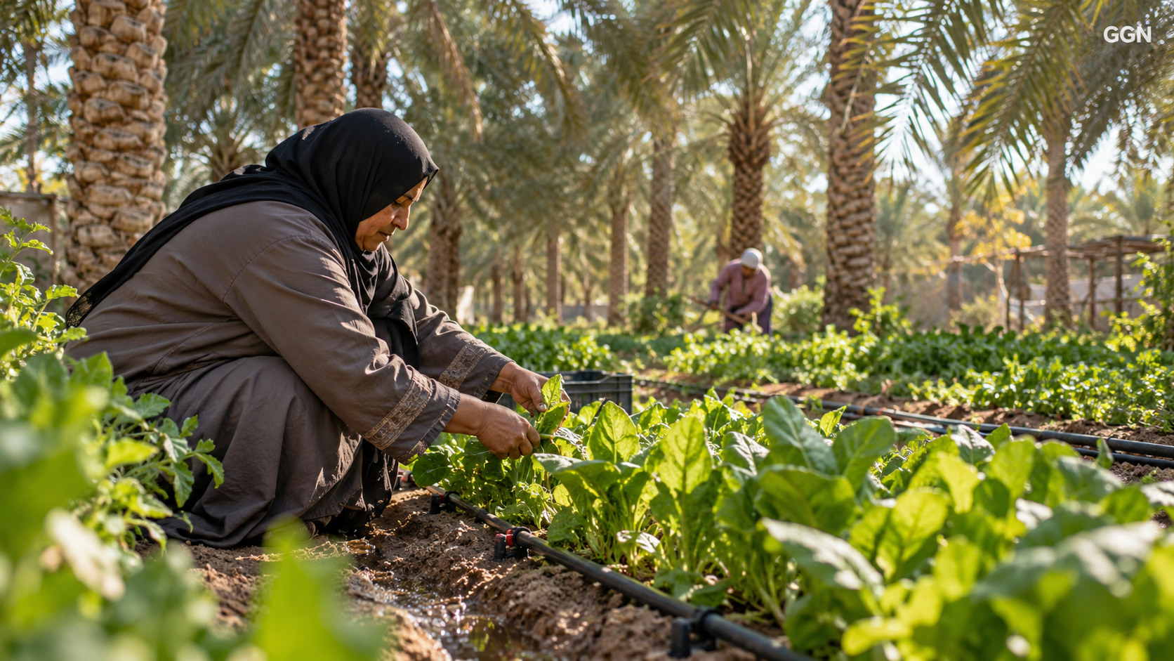 Illustrative farming scene of a woman tending crops; not Khadija Alqubaisi or her farm.