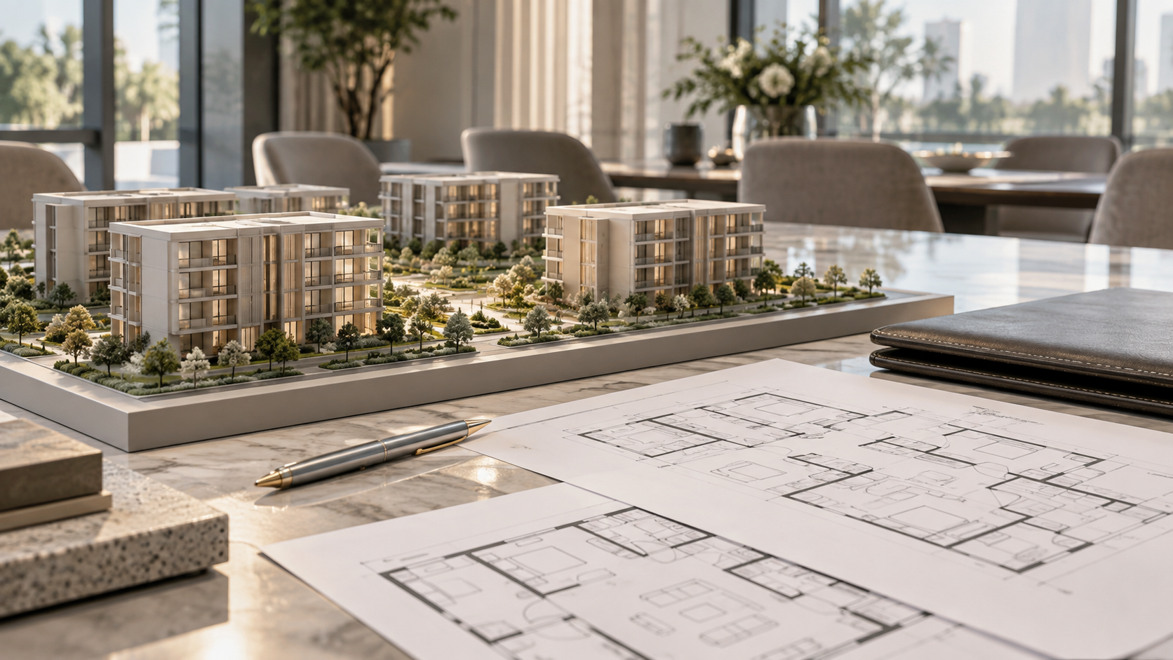 Architectural model and floor plans arranged for a property consultation