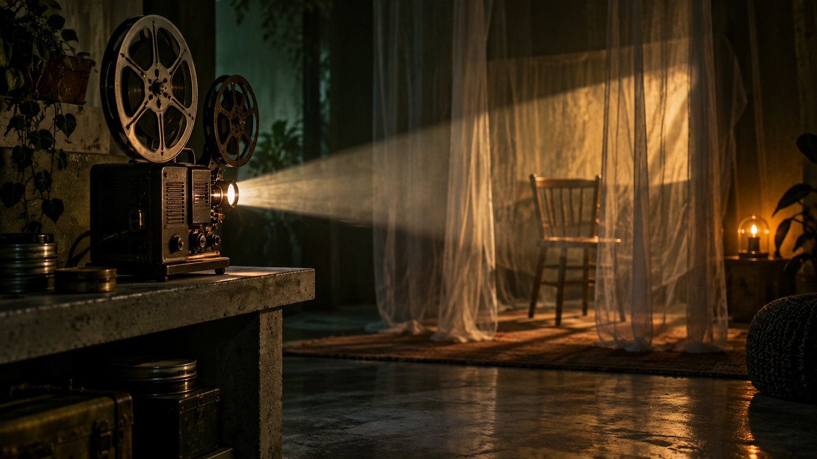 Film projector illuminating an empty chair through hanging fabric