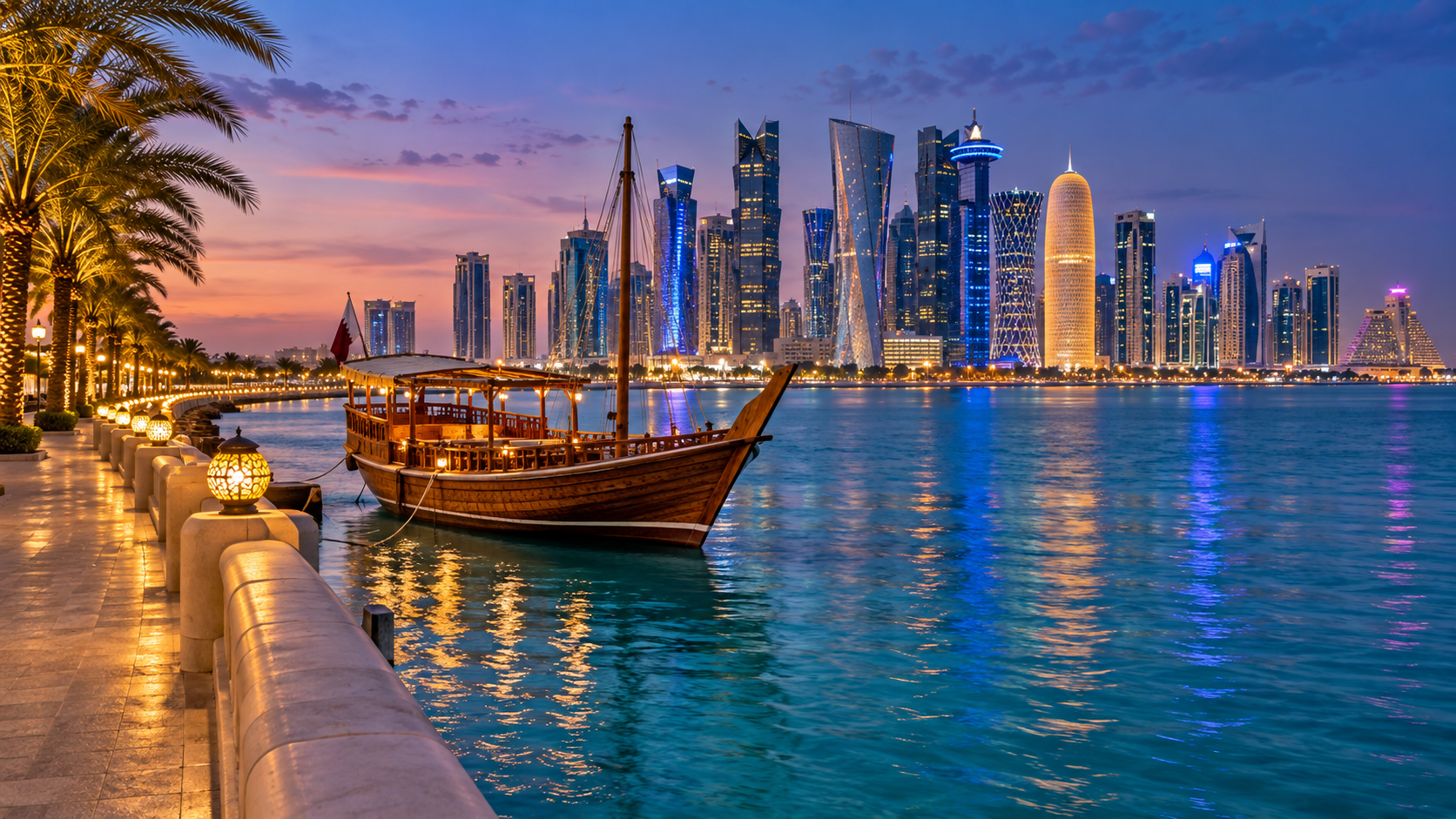 Traditional dhow beside a waterfront skyline at dusk