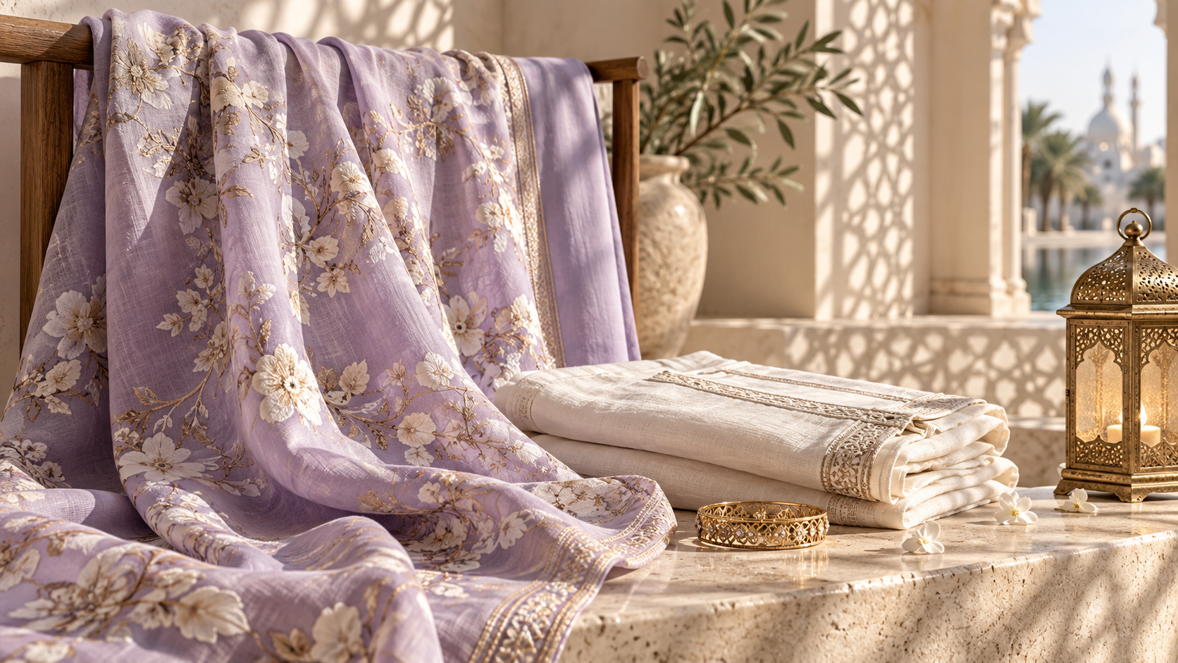 Lavender floral fabric and cream linen beside a brass lantern