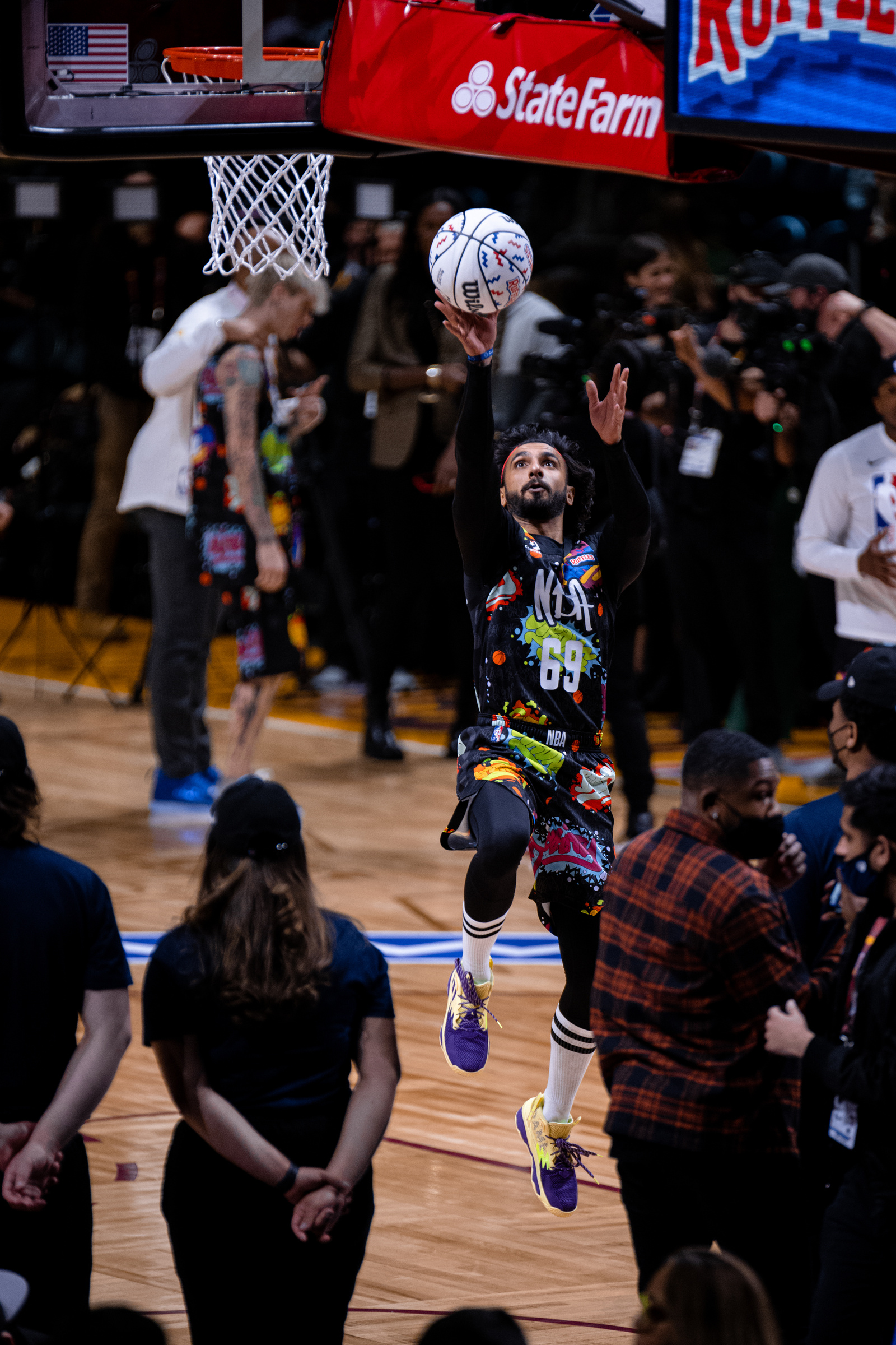 Ranveer Singh playing basketball during the NBA All-Star Weekend in February 2022