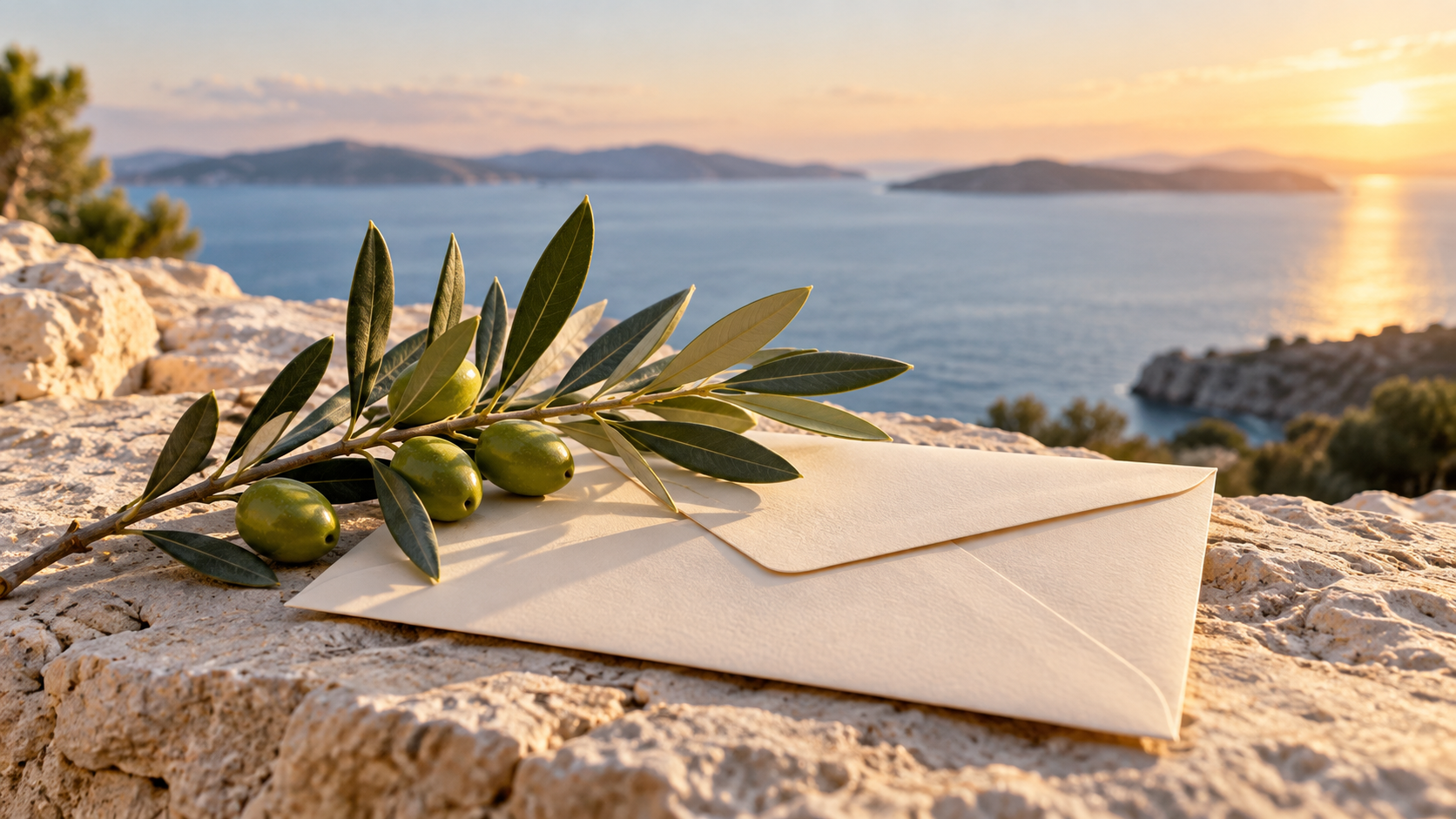 Olive branch resting on a sealed envelope beside the sea