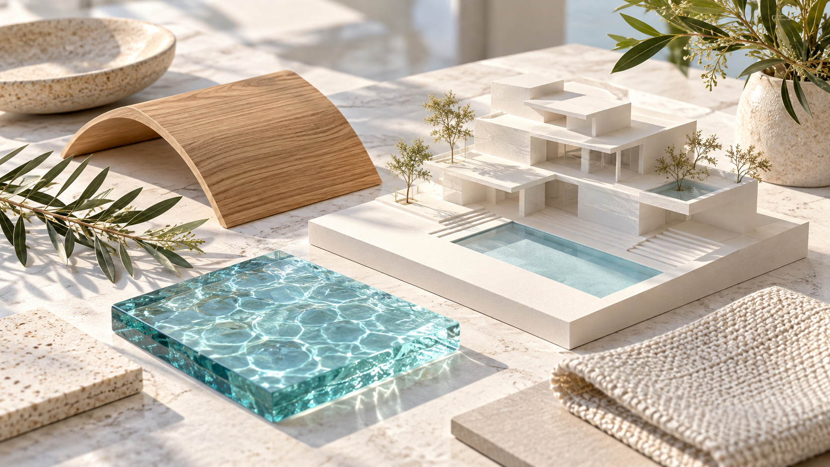 Interior material samples beside a small residential planning model