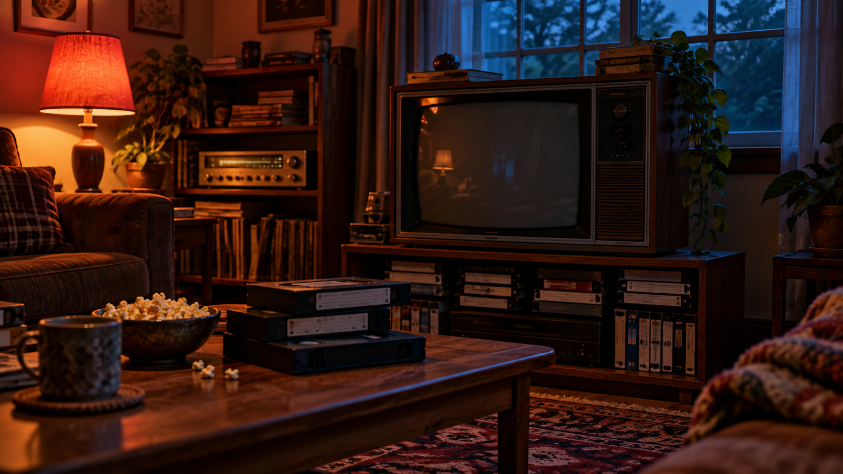 Retro television and cassette tapes in a room lit in red and blue