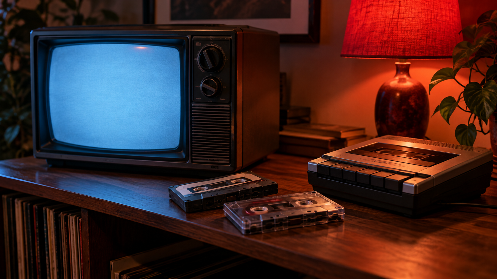 Retro television and cassette tapes in a dim room